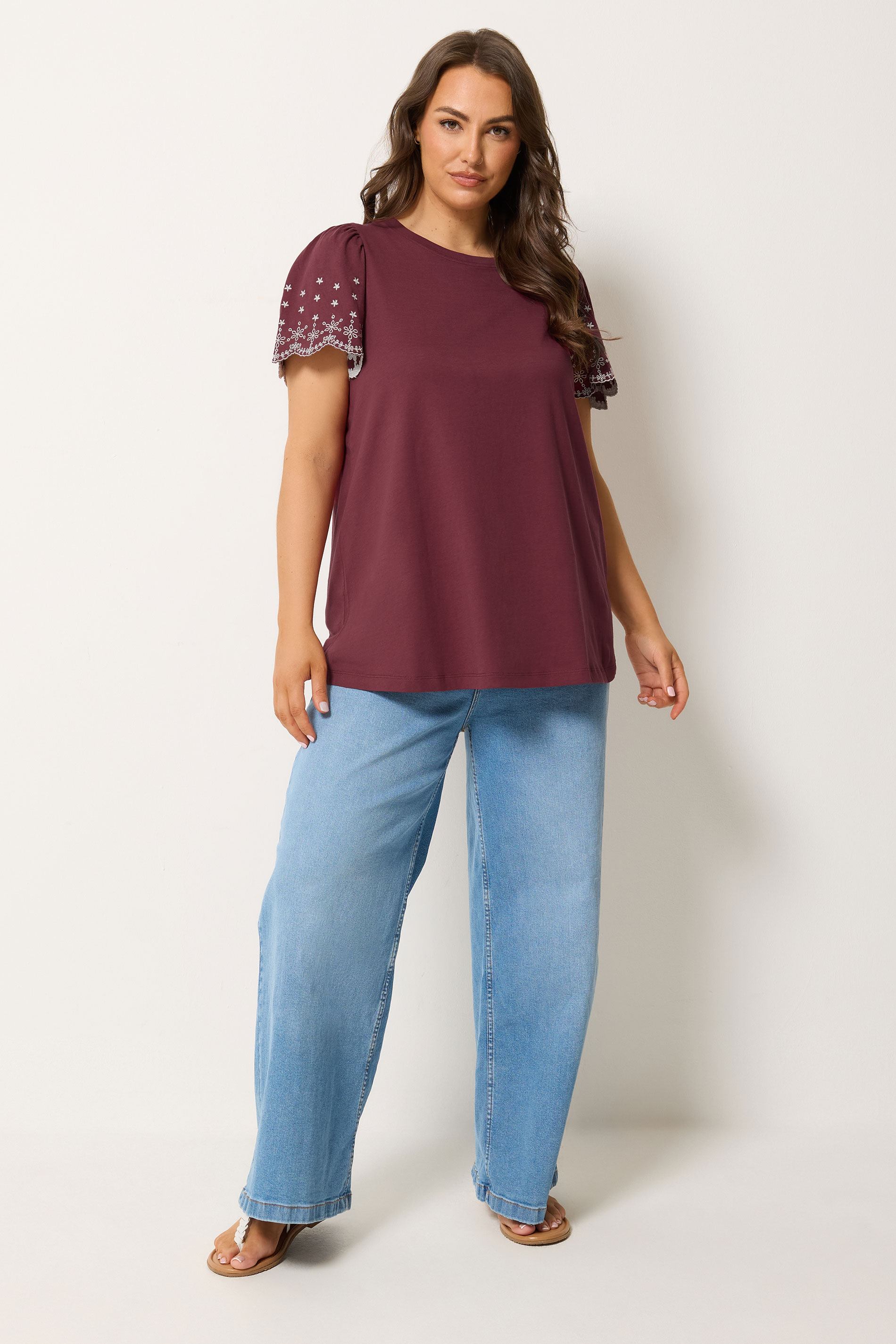 YOURS Plus Size Burgundy Red Embroidered Sleeve T-Shirt | Yours Clothing 1