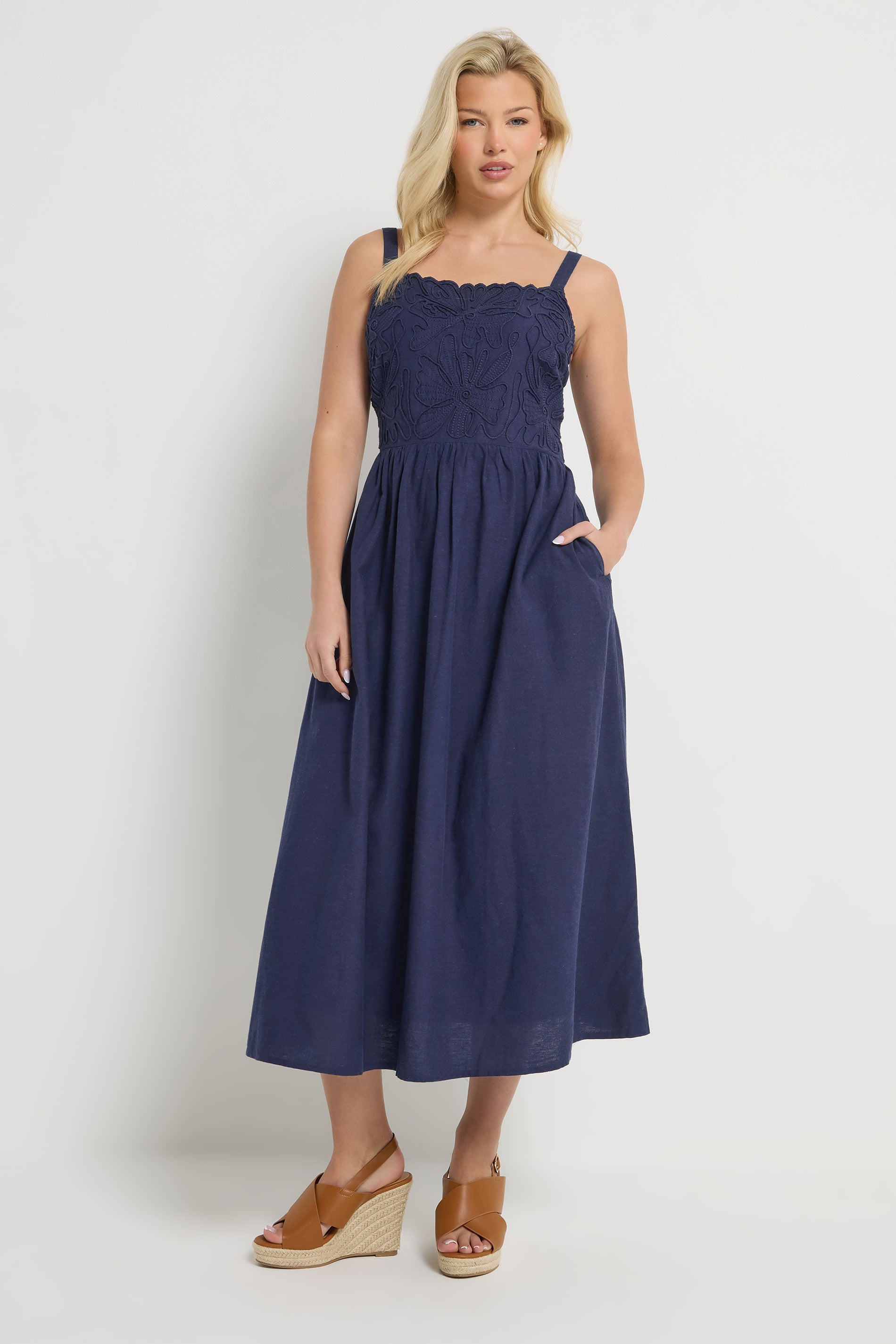 M&Co Navy Blue Linen Embroidered Trim Maxi Dress | M&Co 1