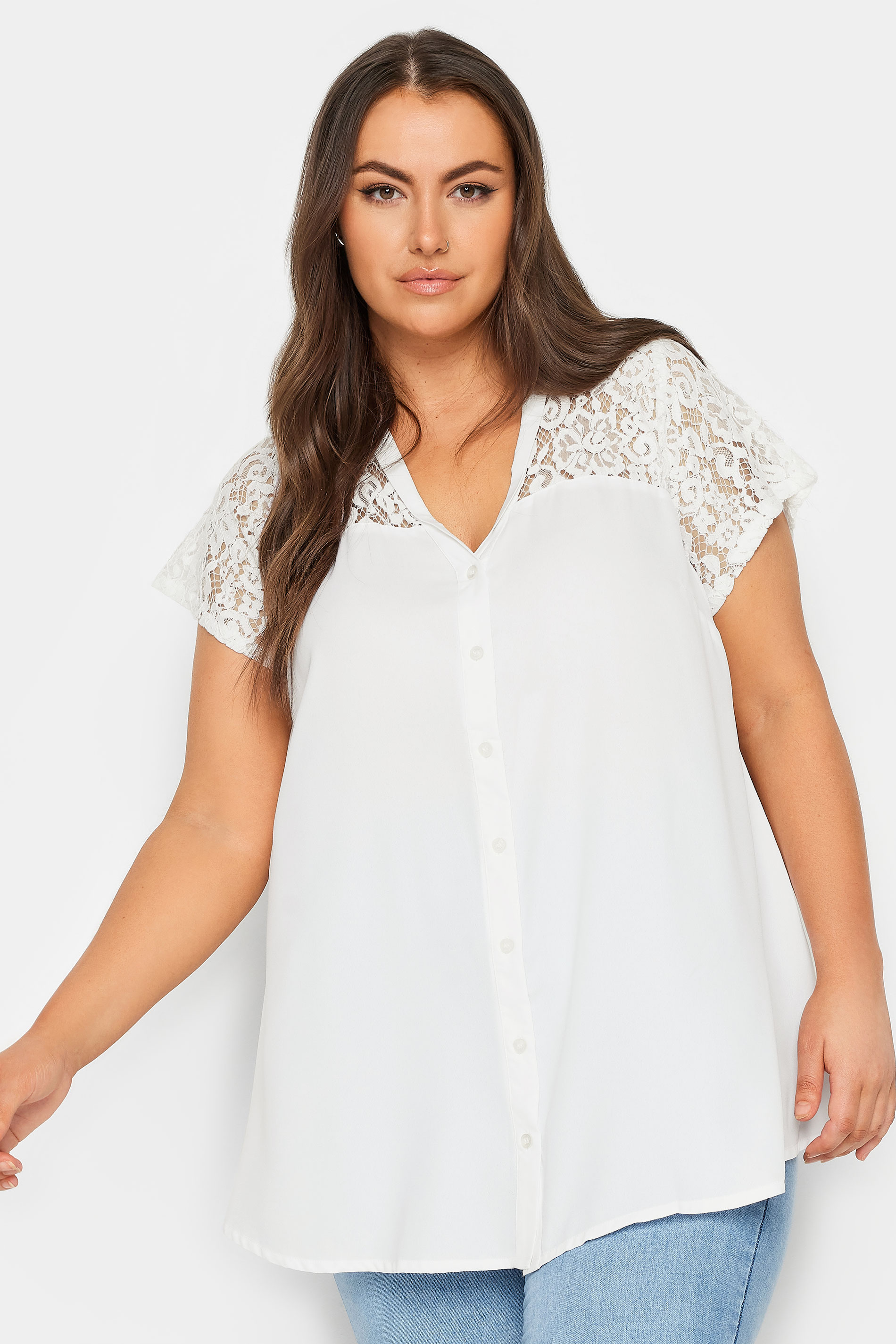YOURS Plus Size White Lace Insert Blouse | Yours Clothing 1