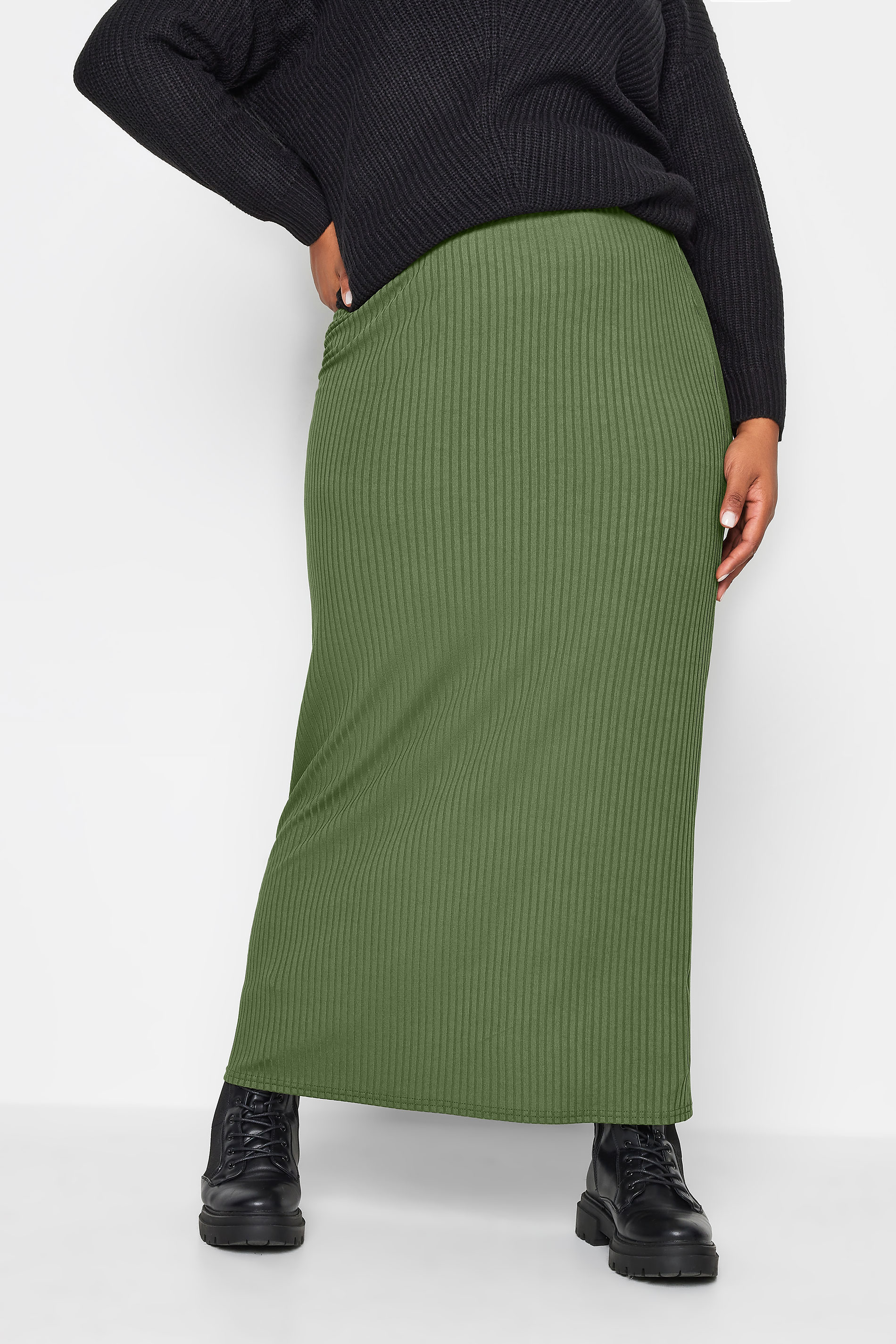 YOURS Plus Size Khaki Ribbed Maxi Skirt | Yours Clothing 1