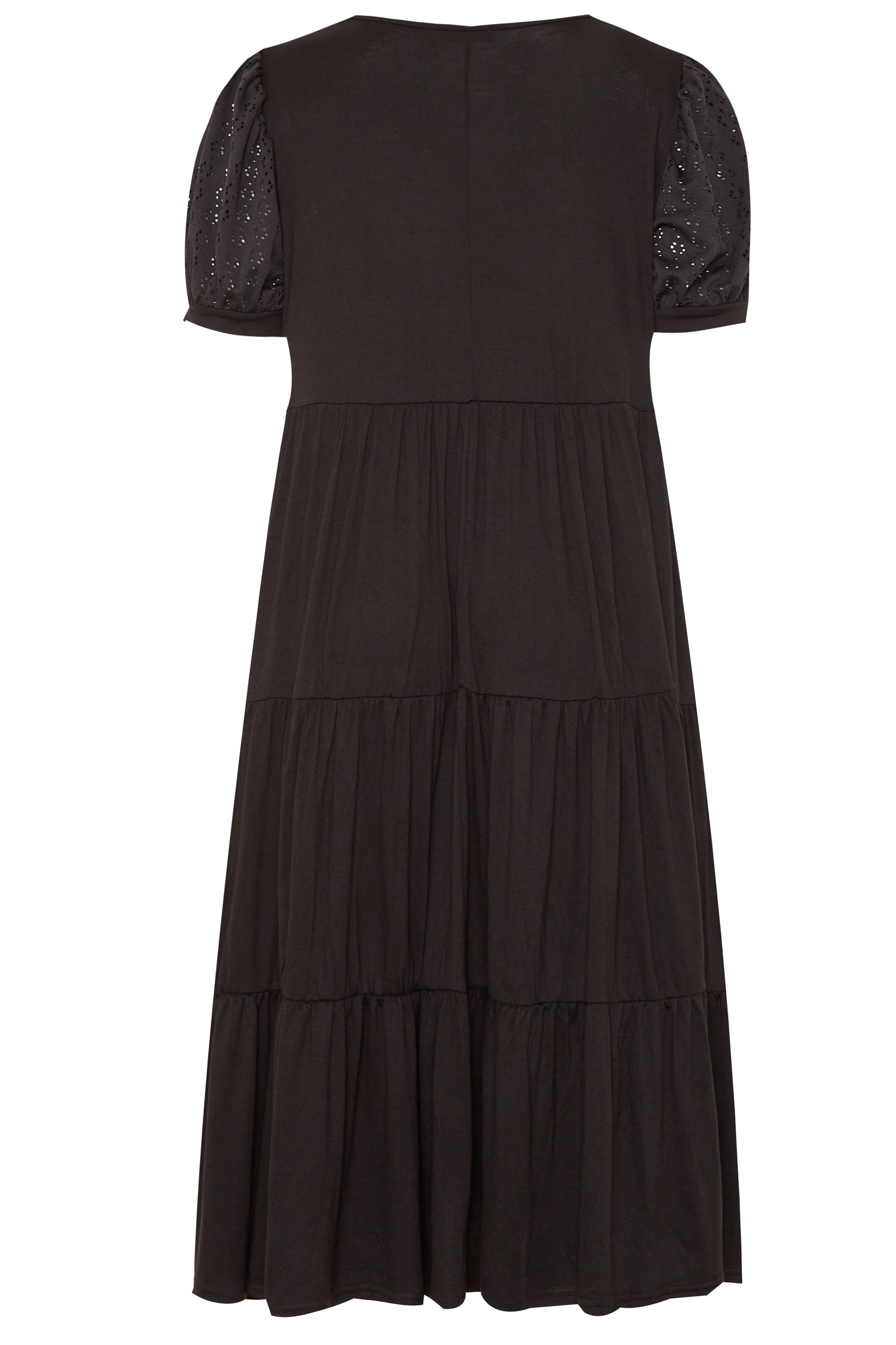 Black Broderie Anglaise Sleeve Tiered Smock Midi Dress | Yours Clothing