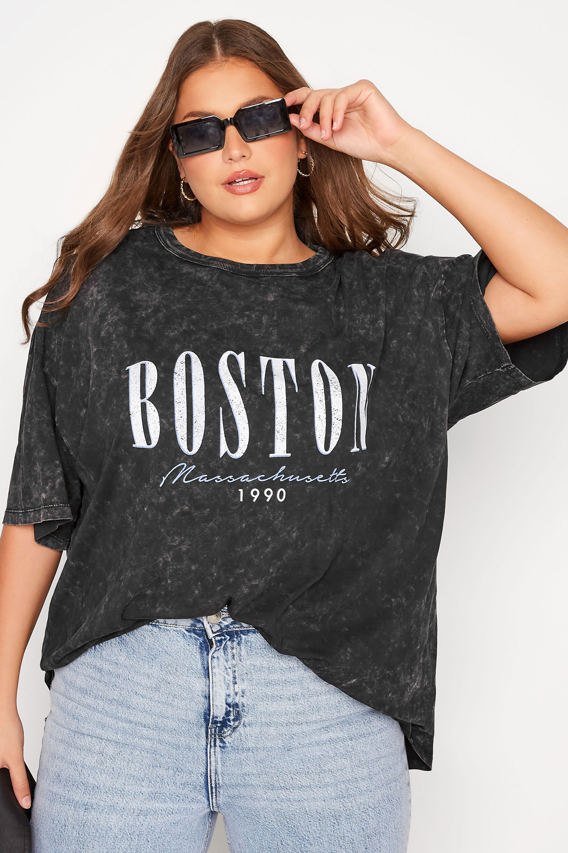 Plus Size Grey Oversized 'Boston' T-Shirt | Yours Clothing 1