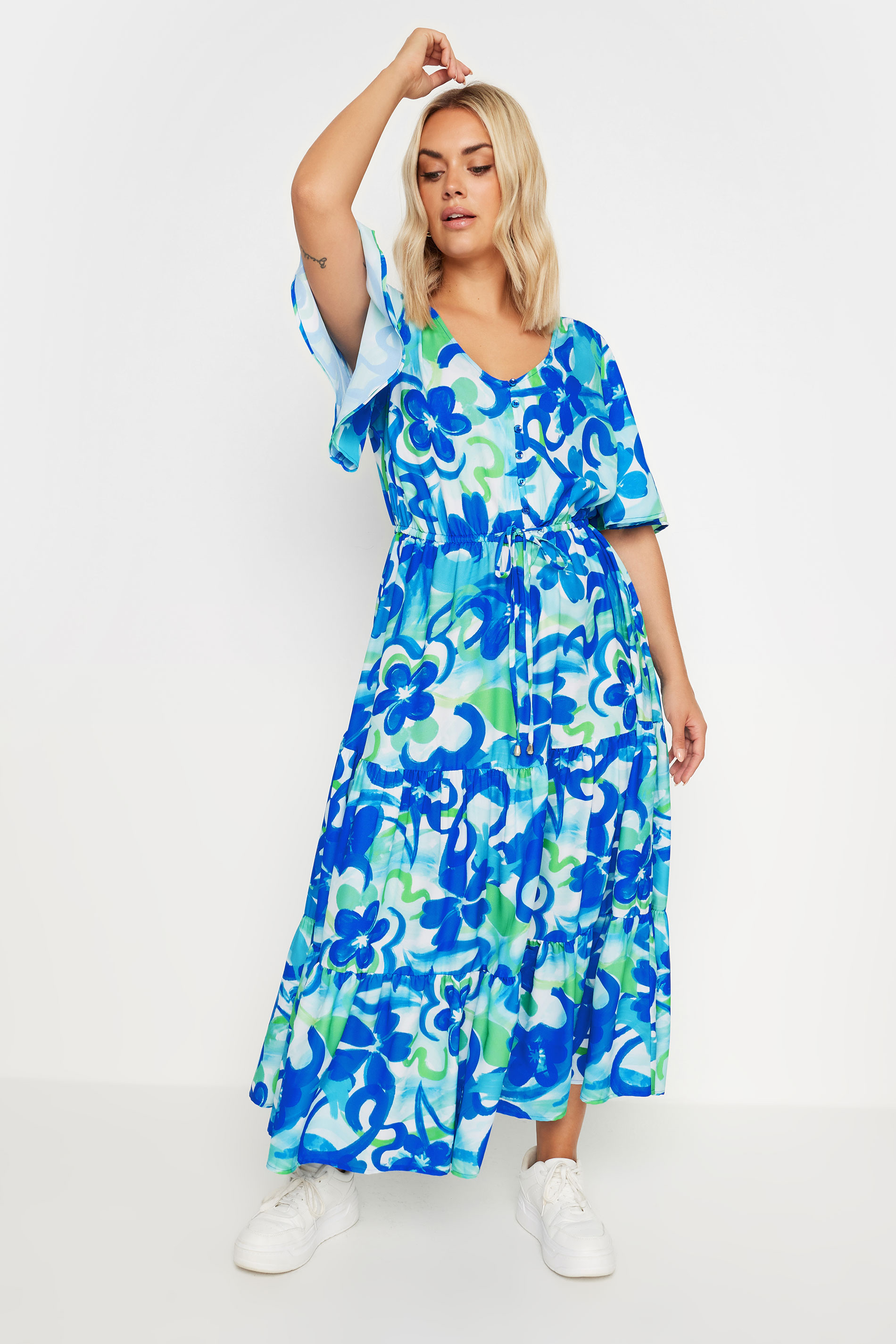 YOURS Plus Size Aqua Blue Abstract Floral Print Maxi Dress | Yours Clothing 2