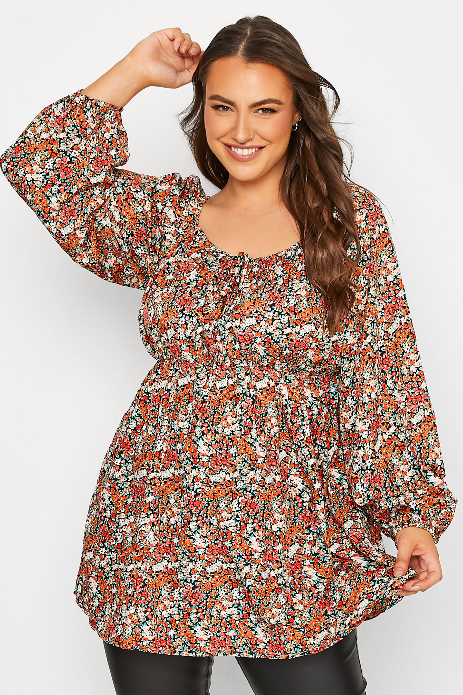LIMITED COLLECTION Plus Size Black & Orange Floral Gypsy Blouse | Yours Clothing 1