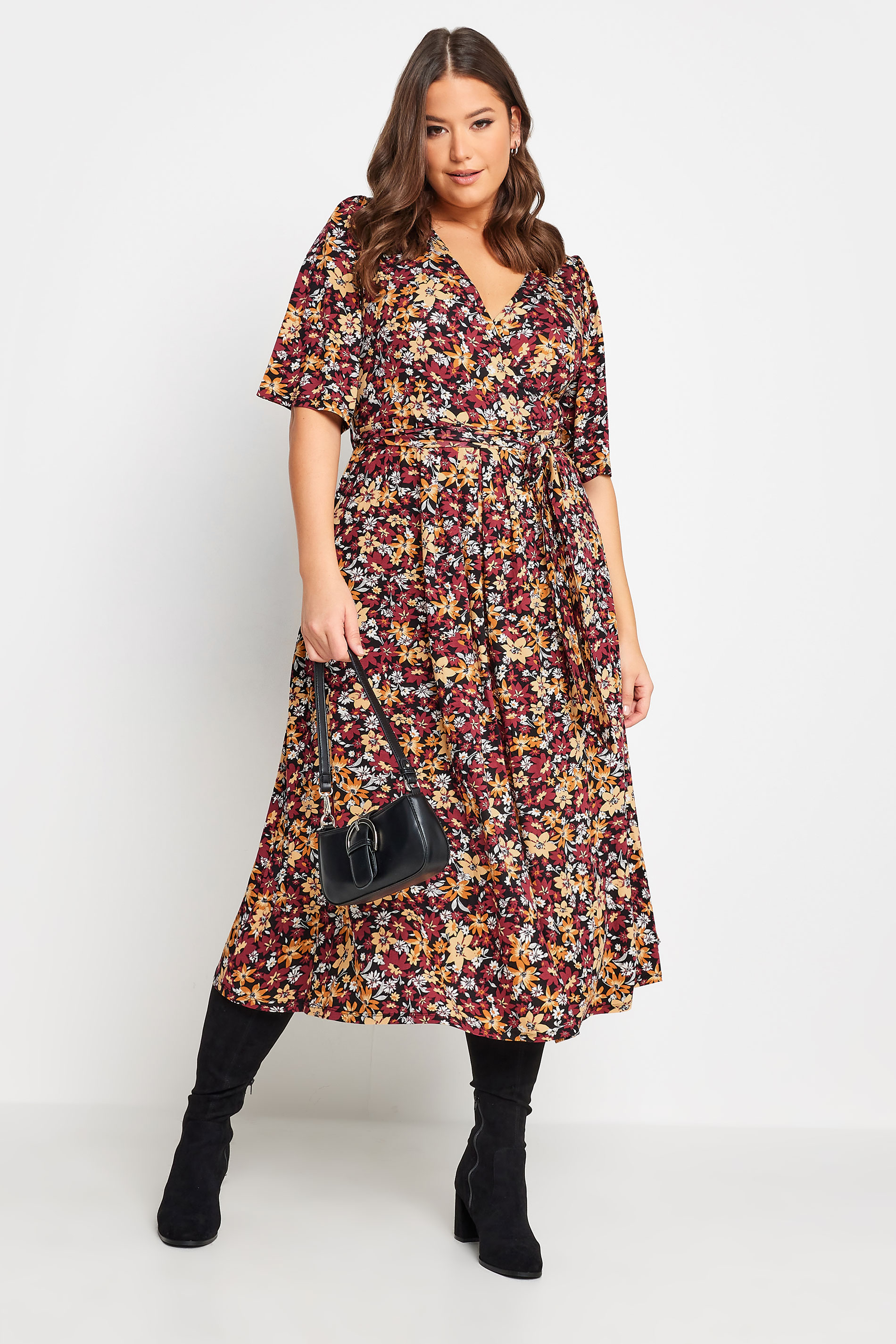 YOURS Plus Size Burgandy Red Floral Print Midaxi Wrap Dress | Yours Clothing 2