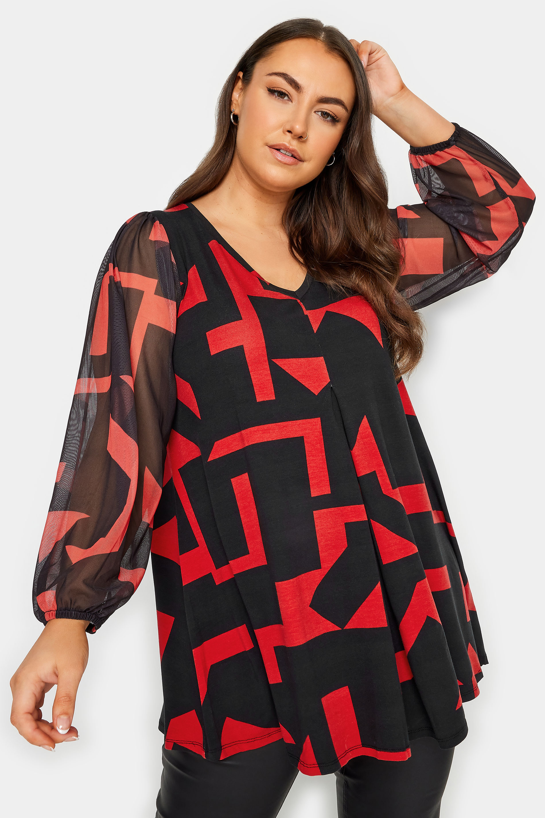 YOURS Plus Size Black Geometric Print Pleated Top | Yours Clothing 1