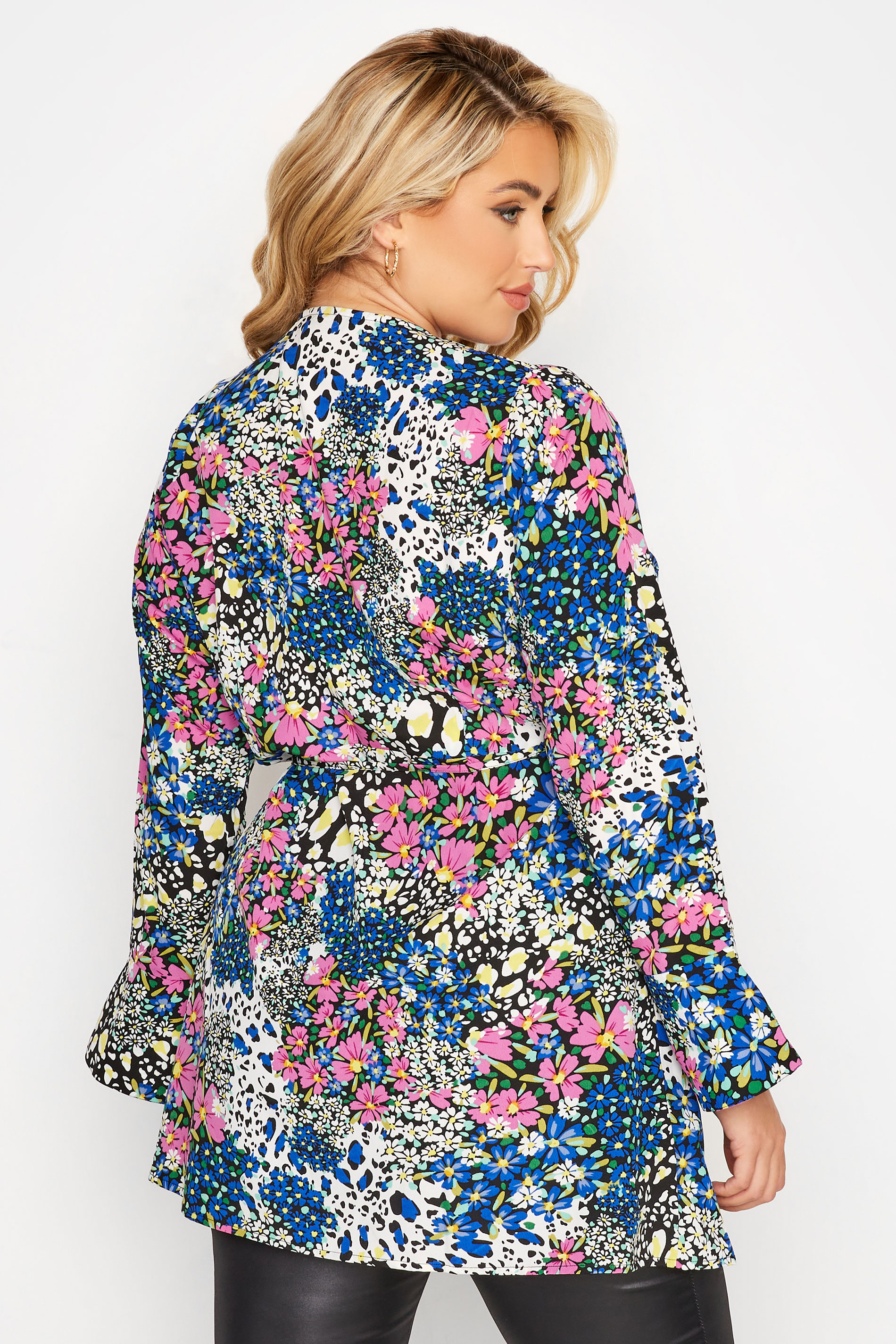 LIMITED COLLECTION Plus Size Black & Blue Mixed Floral Print Wrap Top | Yours Clothing 3