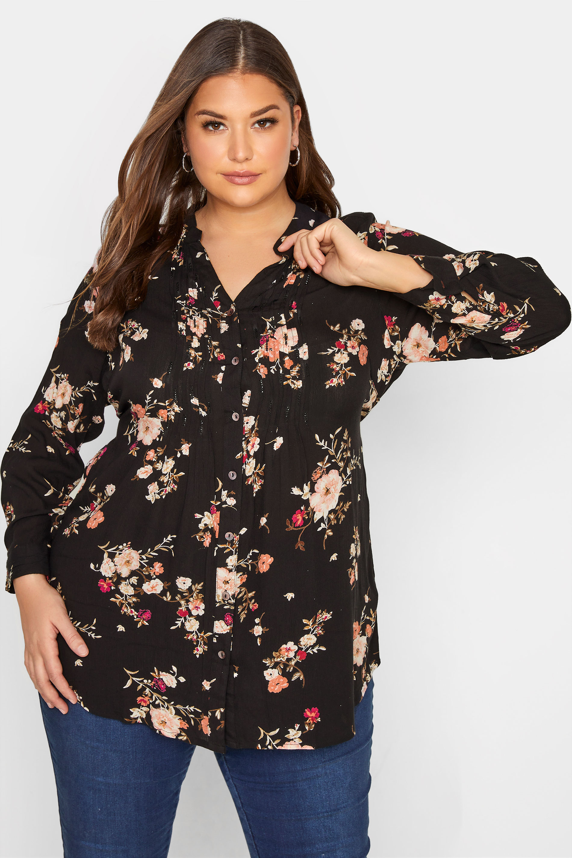 Plus Size Black Floral Pintuck Shirt | Yours Clothing 1