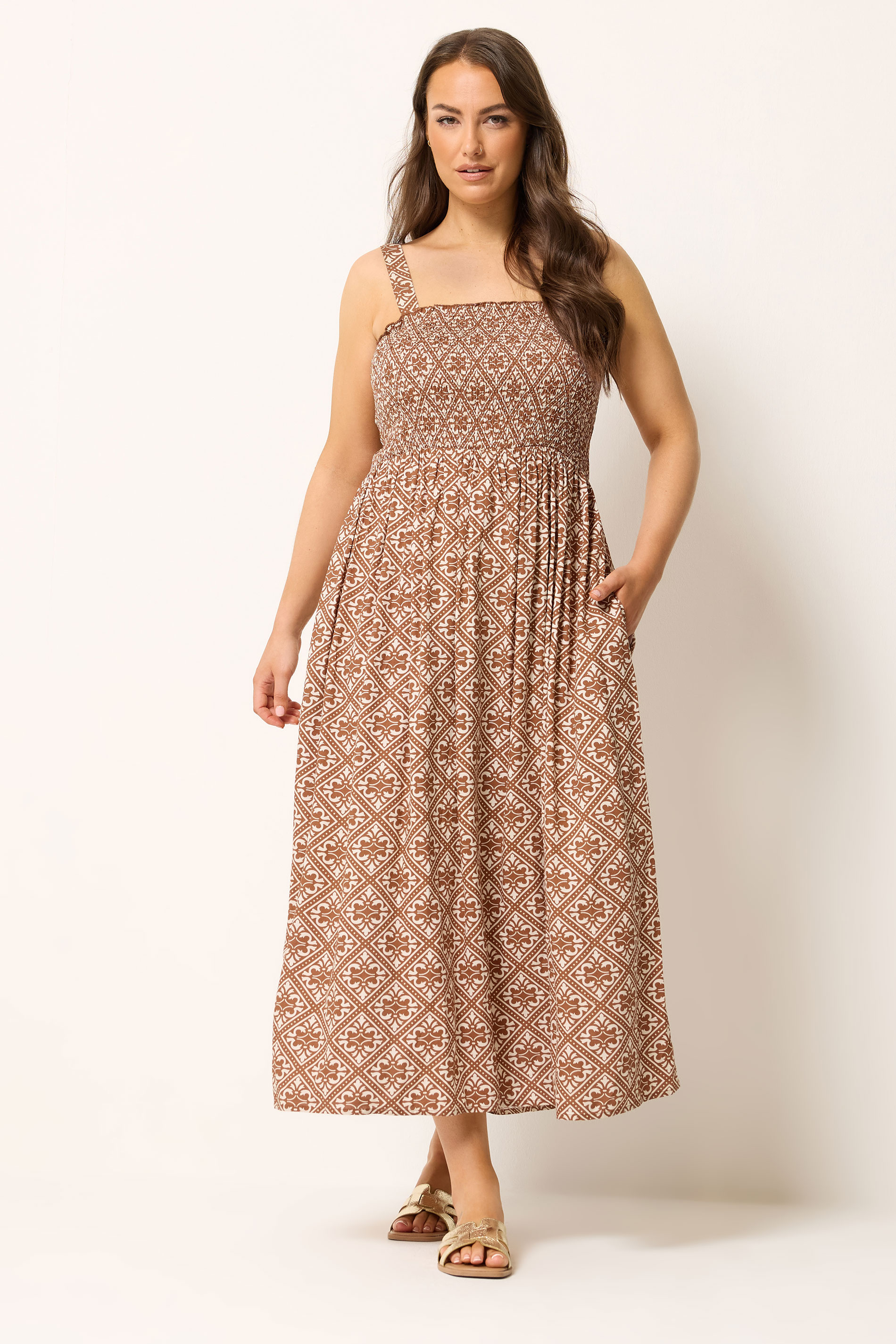YOURS Plus Size Brown Geometric Shirred Sundress | Yours Clothing 1