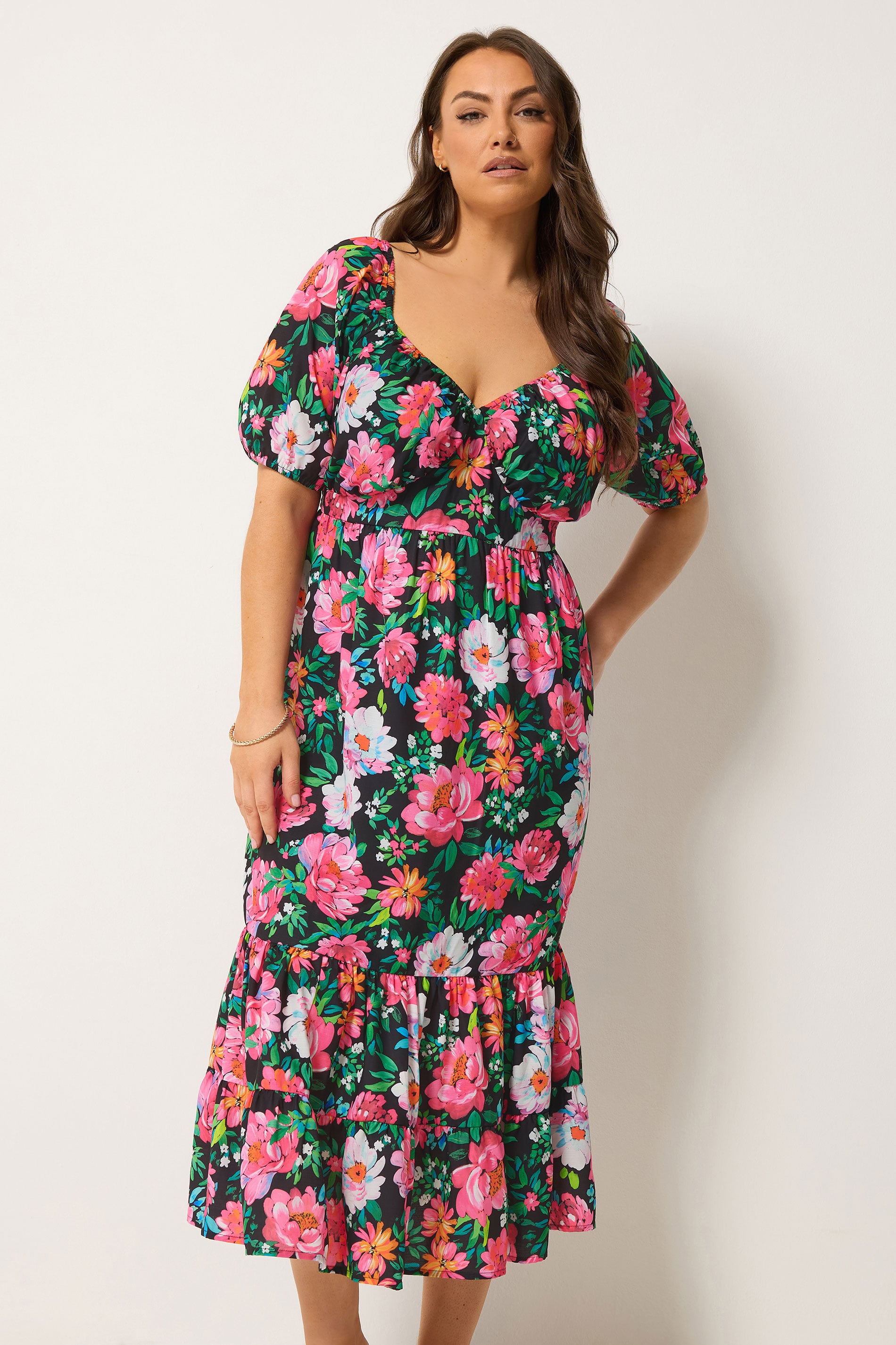 YOURS Plus Size Black Floral Milkmaid Midi Dress | Yours Clothing 1