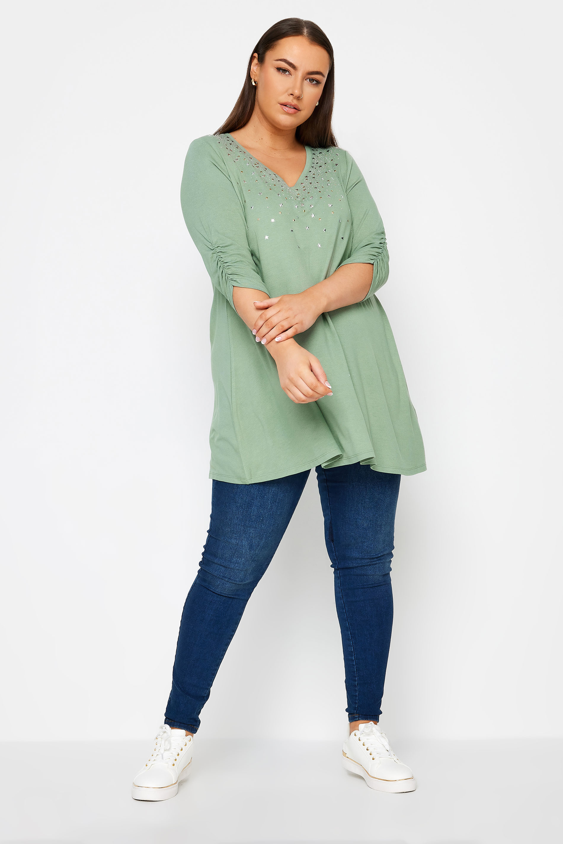 YOURS Plus Size Green Star Embellished Swing Top | Yours Clothing 2