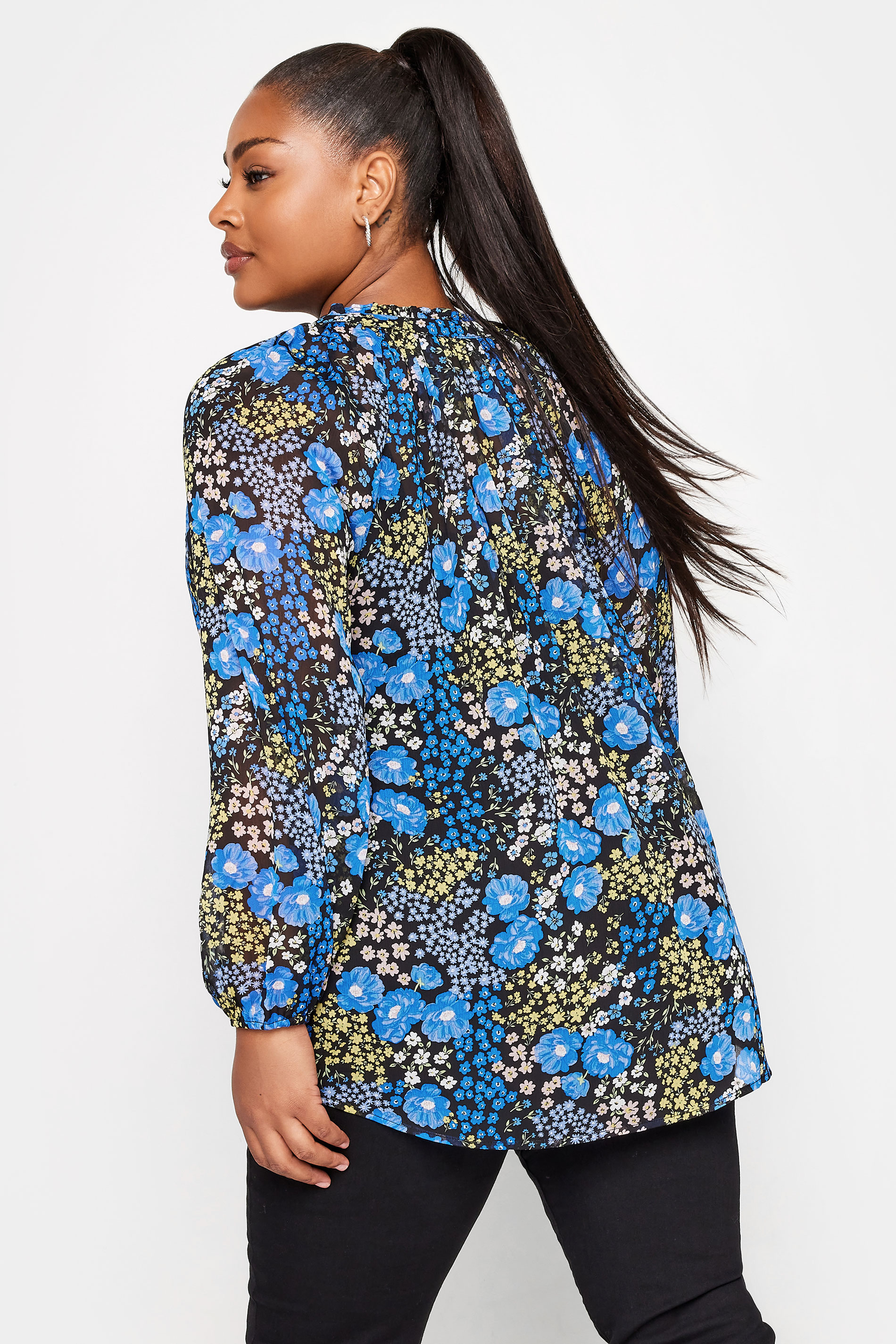 YOURS Plus Size Blue Floral Print Tie Neck Chiffon Blouse | Yours Clothing 3