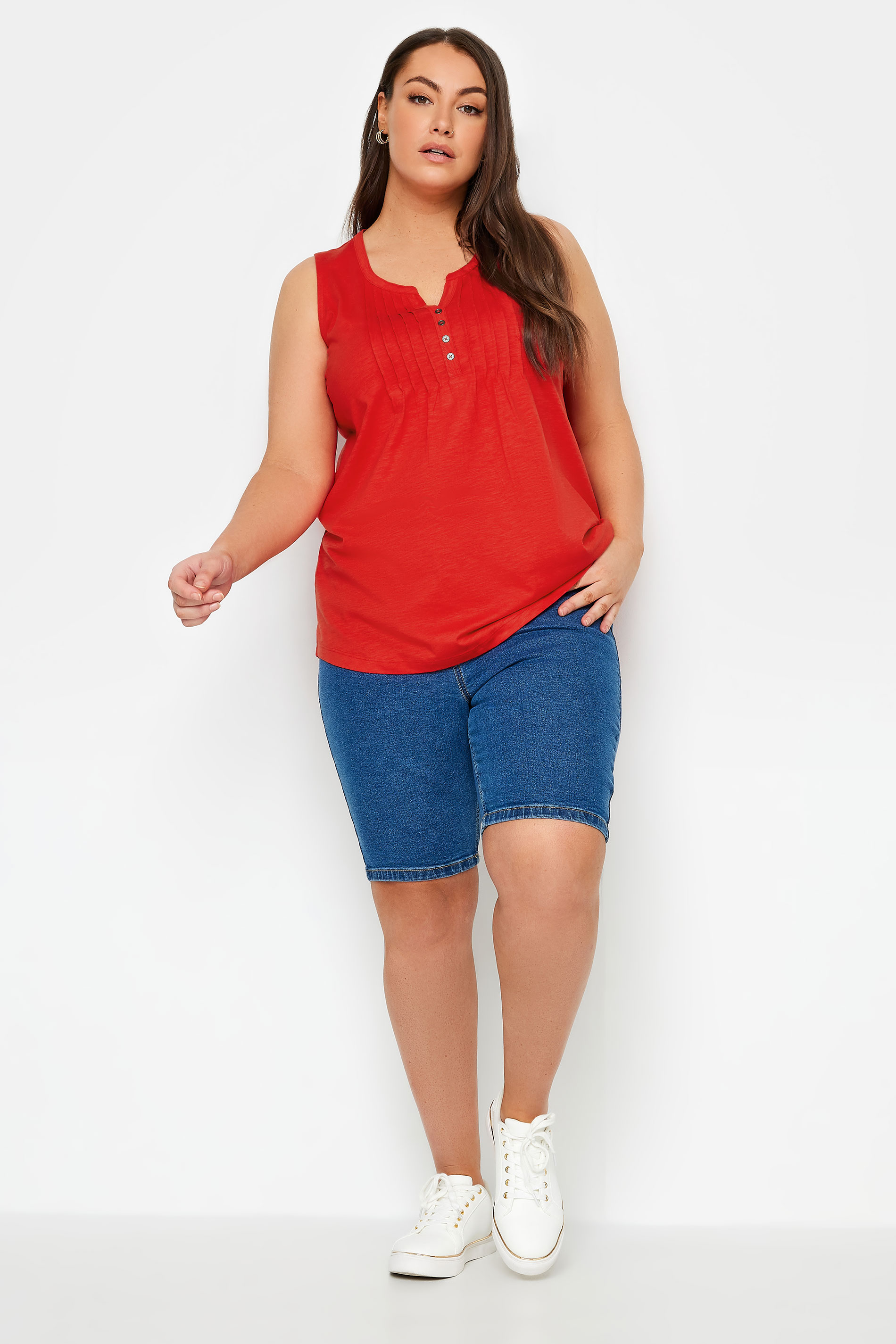 YOURS Plus Size Red Pintuck Henley Vest Top | Yours Clothing 2
