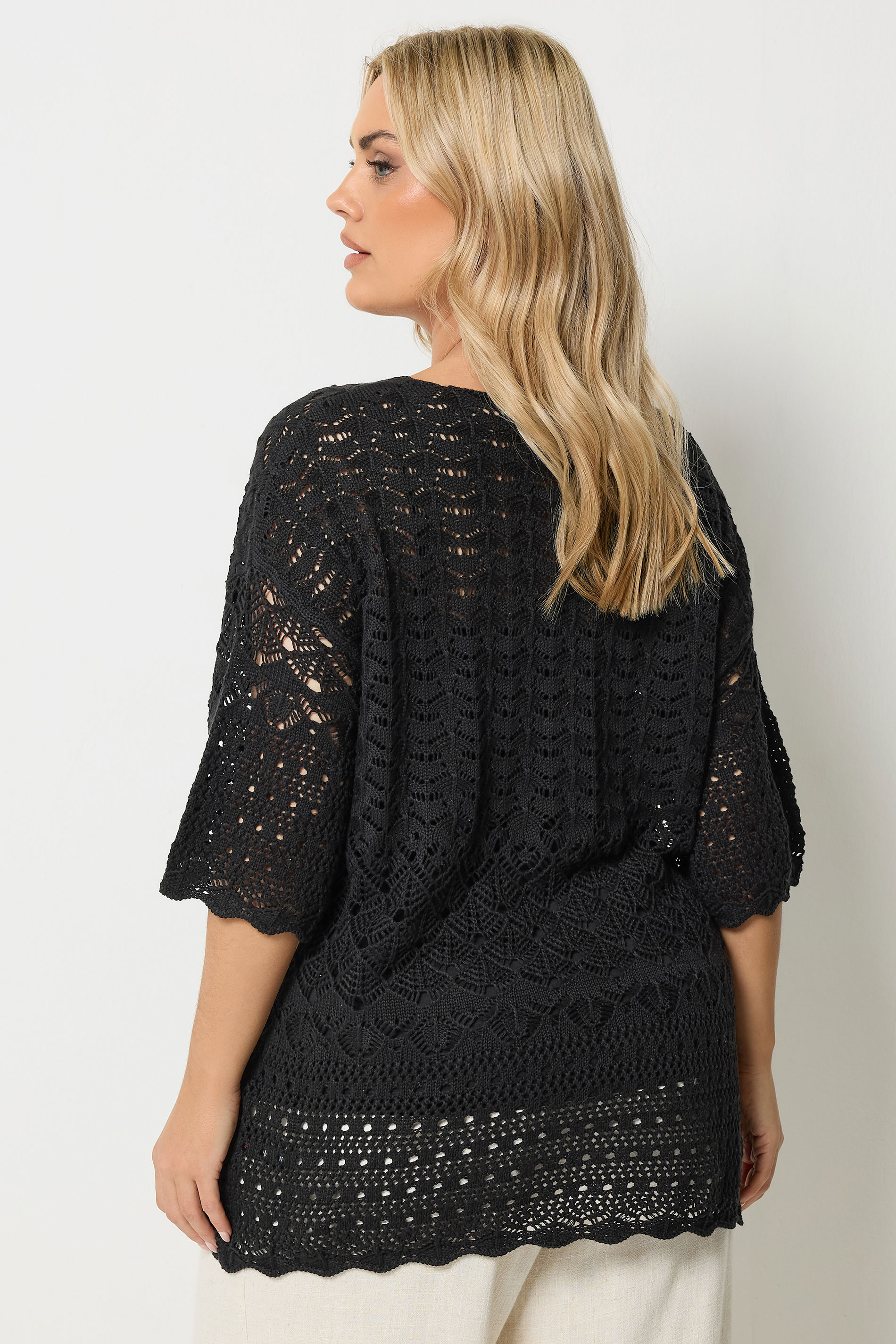 YOURS Plus Size Black Crochet Crew Neck Top | Yours Clothing 2