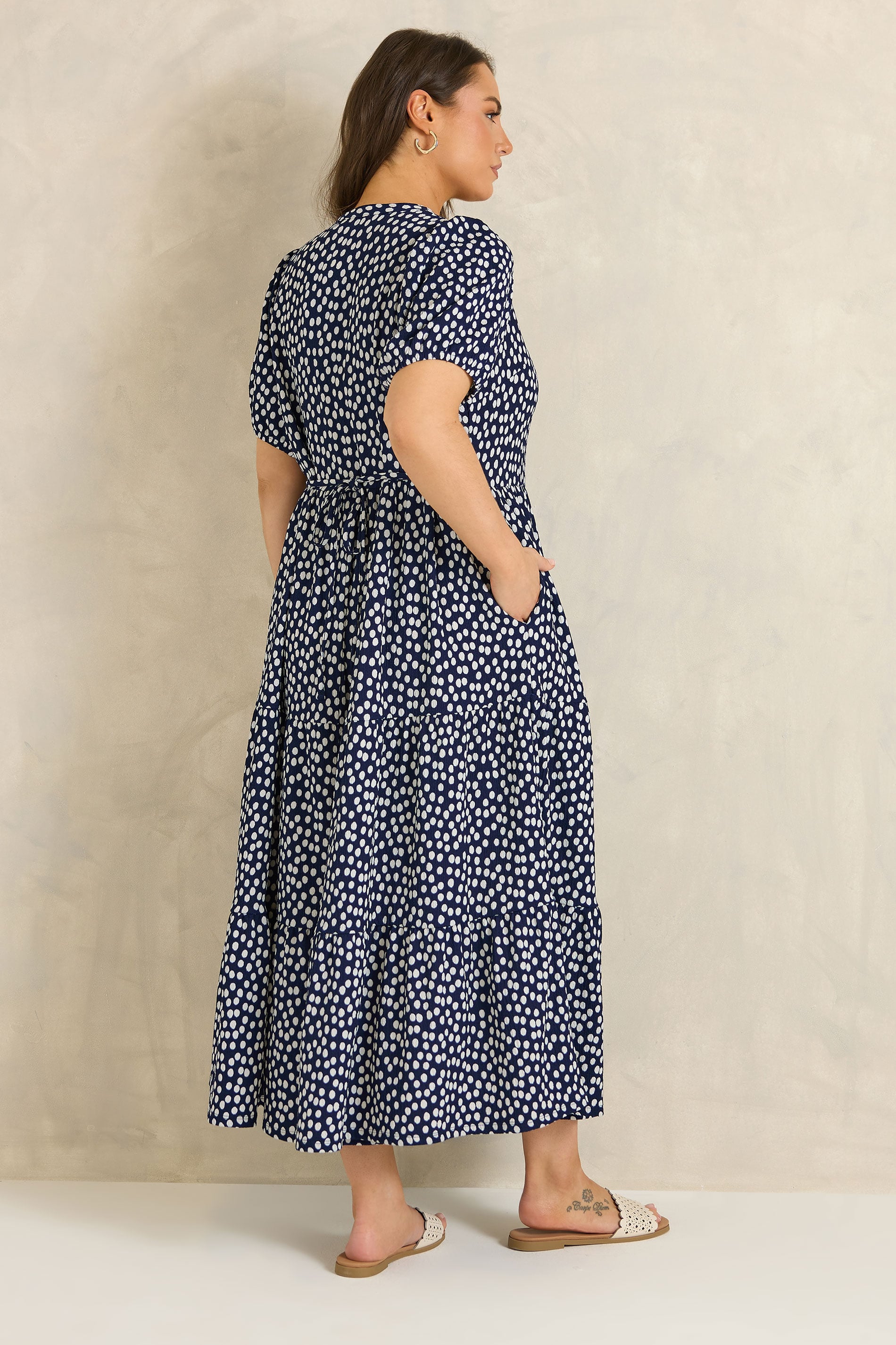 EVANS Plus Size Navy Blue Spot Print Tiered Maxi Dress | Evans 2