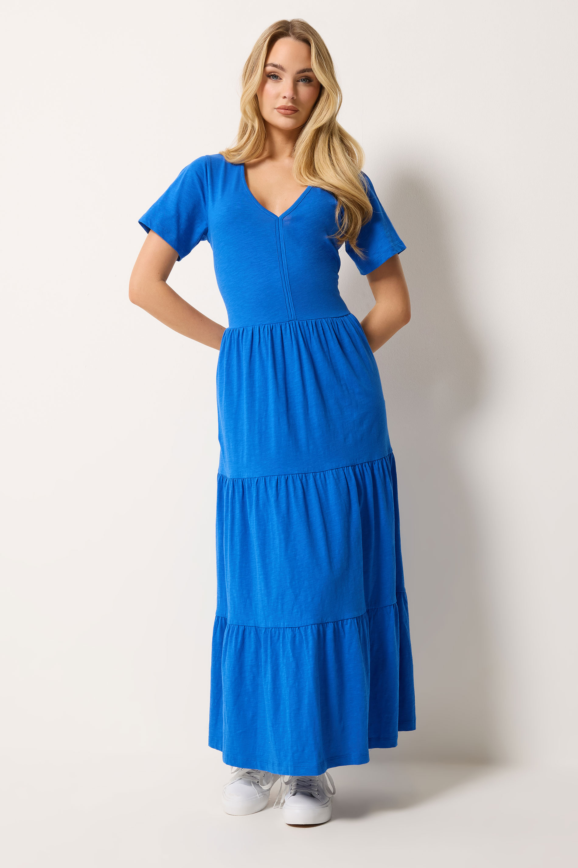 M&Co Blue Notch Neck Tiered Cotton Maxi Dress | M&Co 1