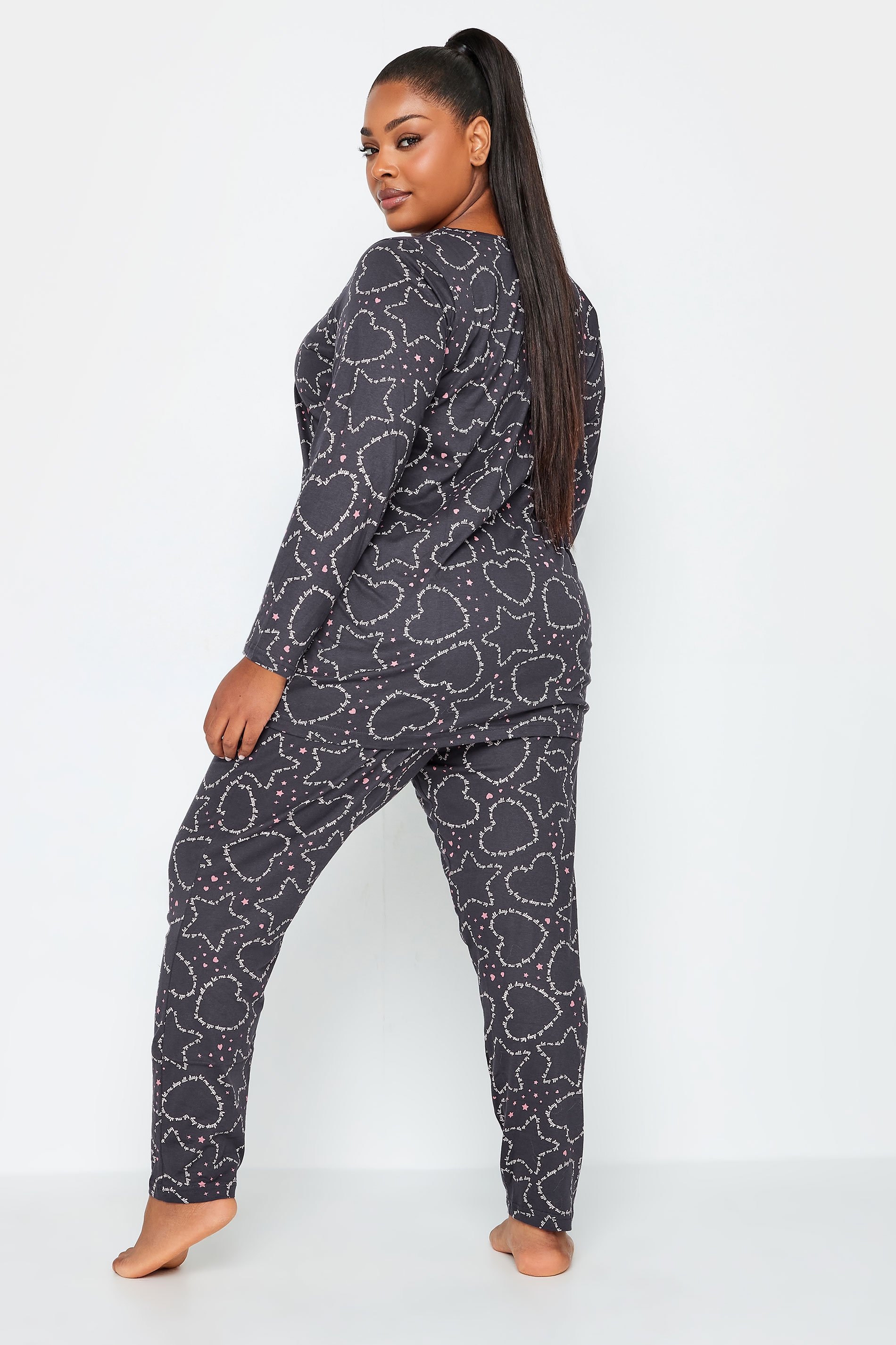 YOURS Plus Size Grey Heart & Star Print Tapered Pyjama Set | Yours Clothing 3