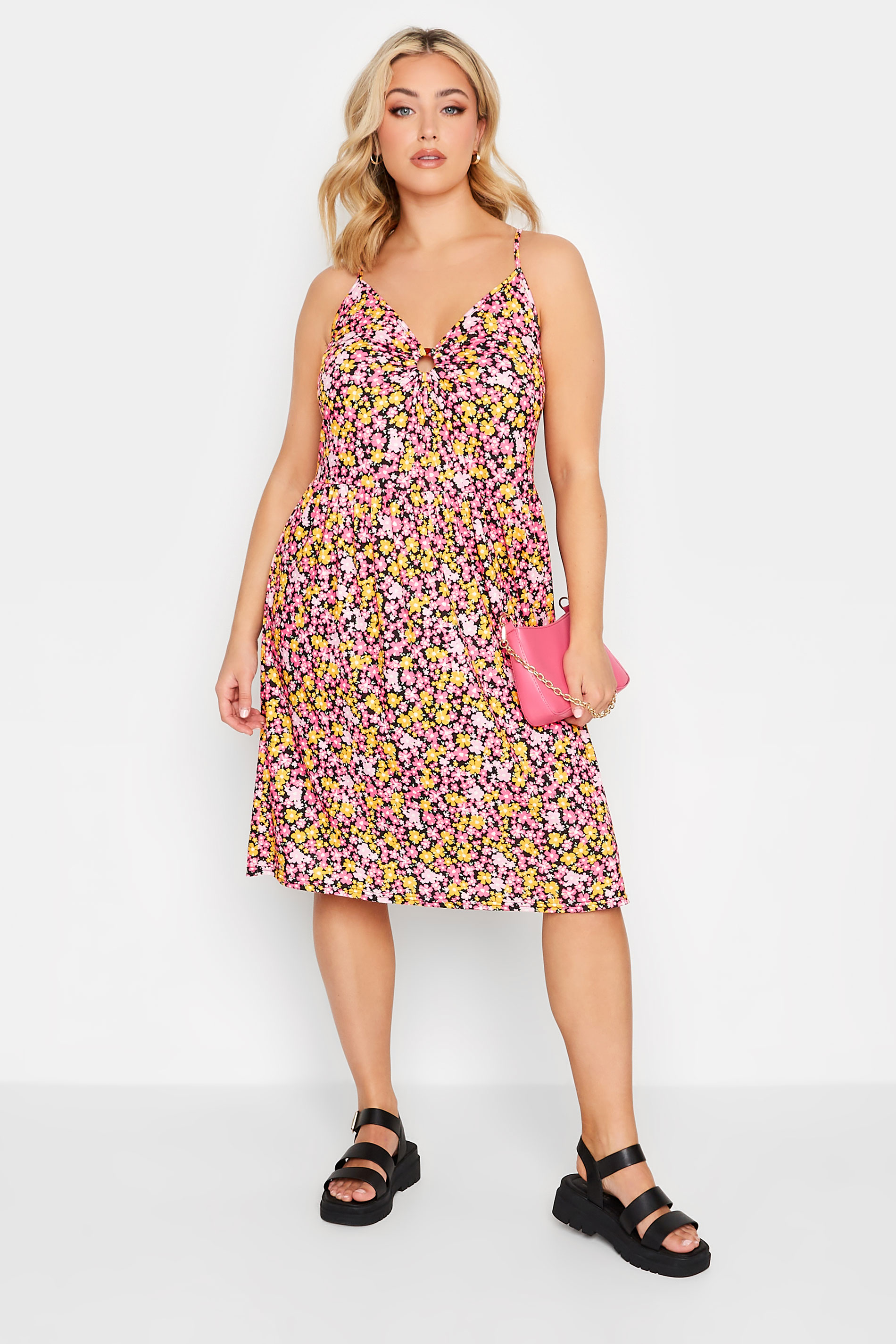 LIMITED COLLECTION Plus Size Pink Floral Print Ring Front Midi Dress | Yours Clothing 2