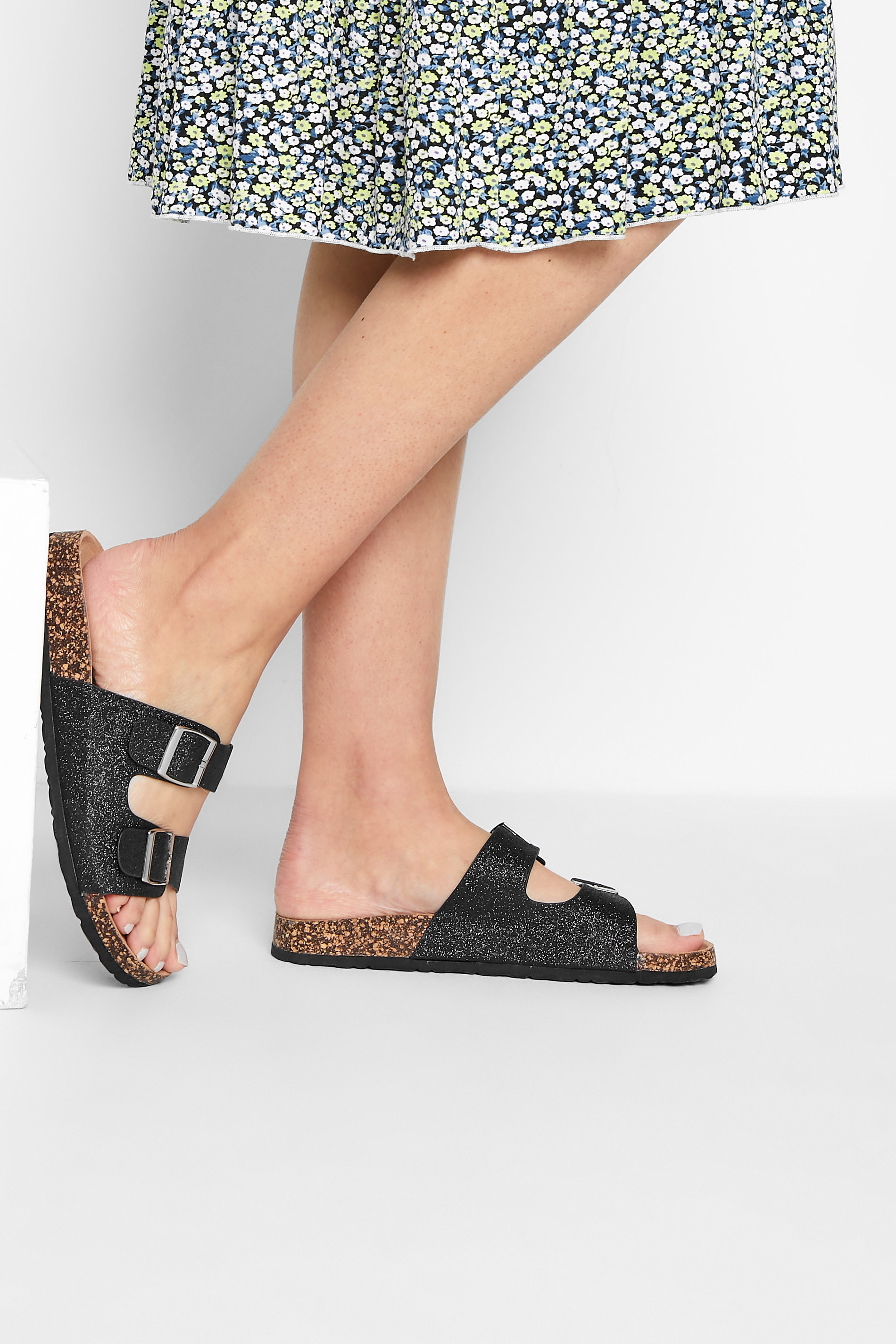 LTS Black Glitter Buckle Strap Sandals In Standard D Fit | Long Tall Sally  1