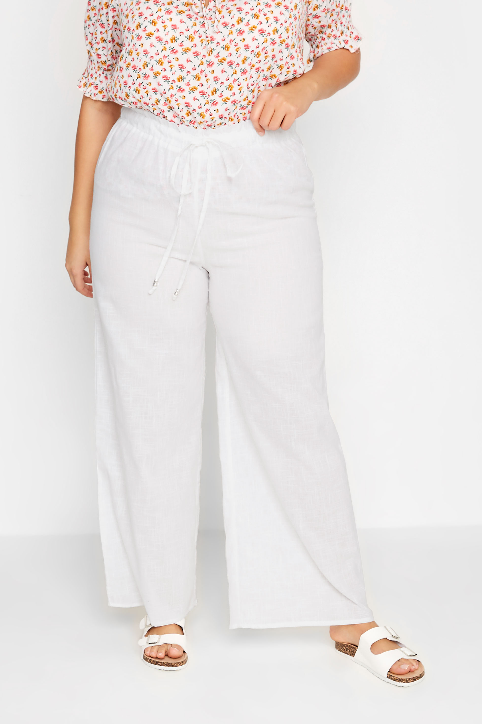 LTS Tall Women's White Cotton Wide Leg Beach Trousers | Long Tall Sally  1