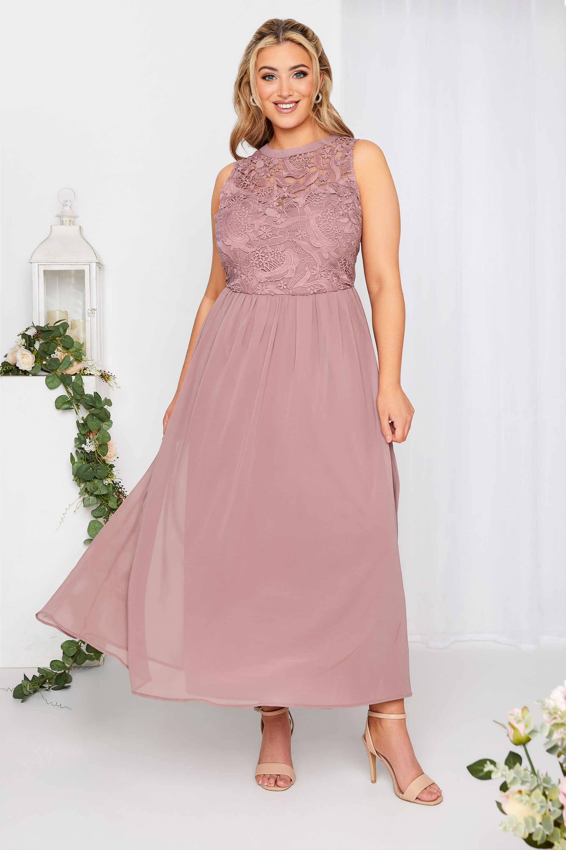 Plus Size YOURS LONDON Curve Pink Lace Front Chiffon Maxi Bridesmaid Dress | Yours Clothing  1