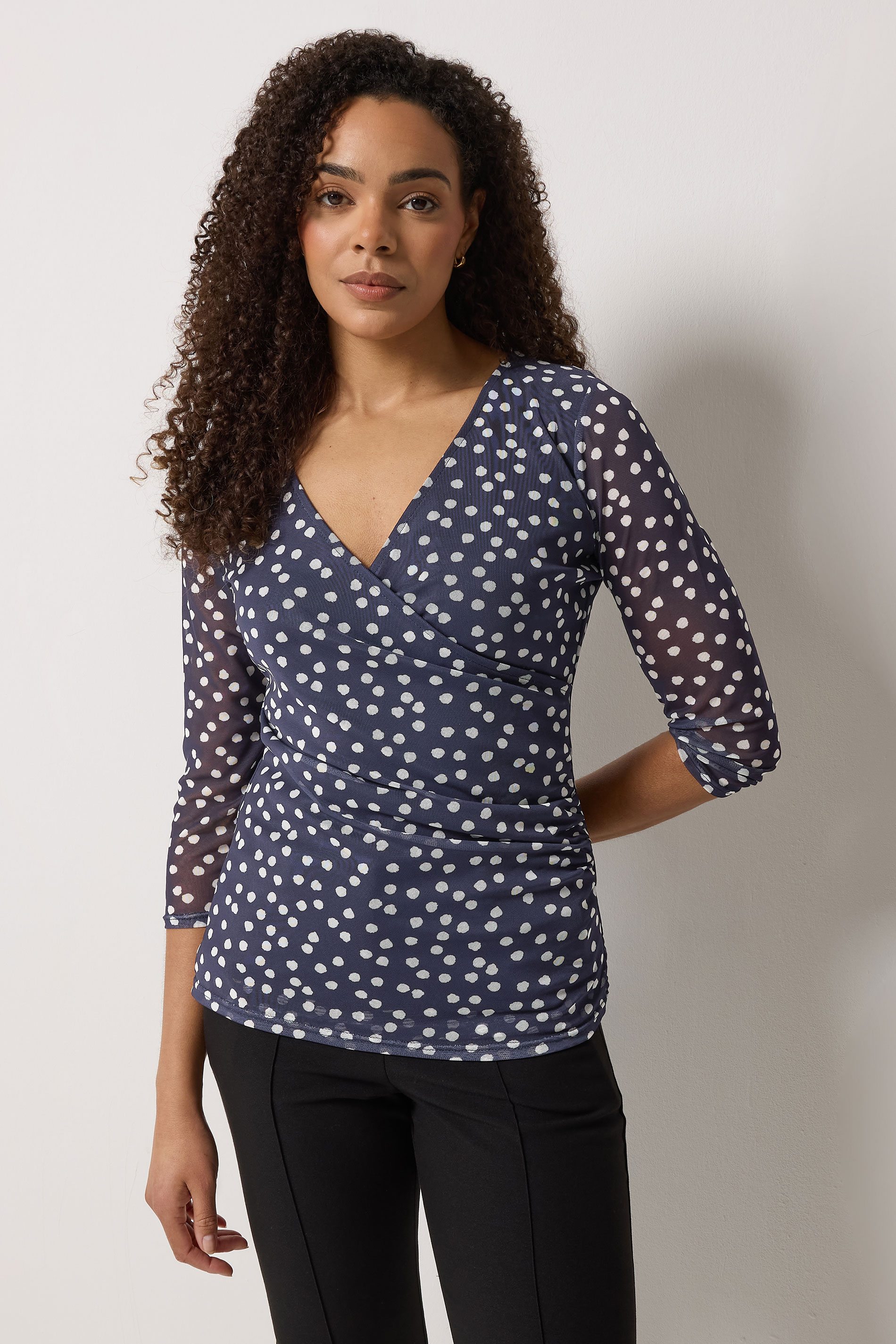 M&Co Navy Blue Polka Dot Mesh Sleeve Wrap Top | M&Co 3