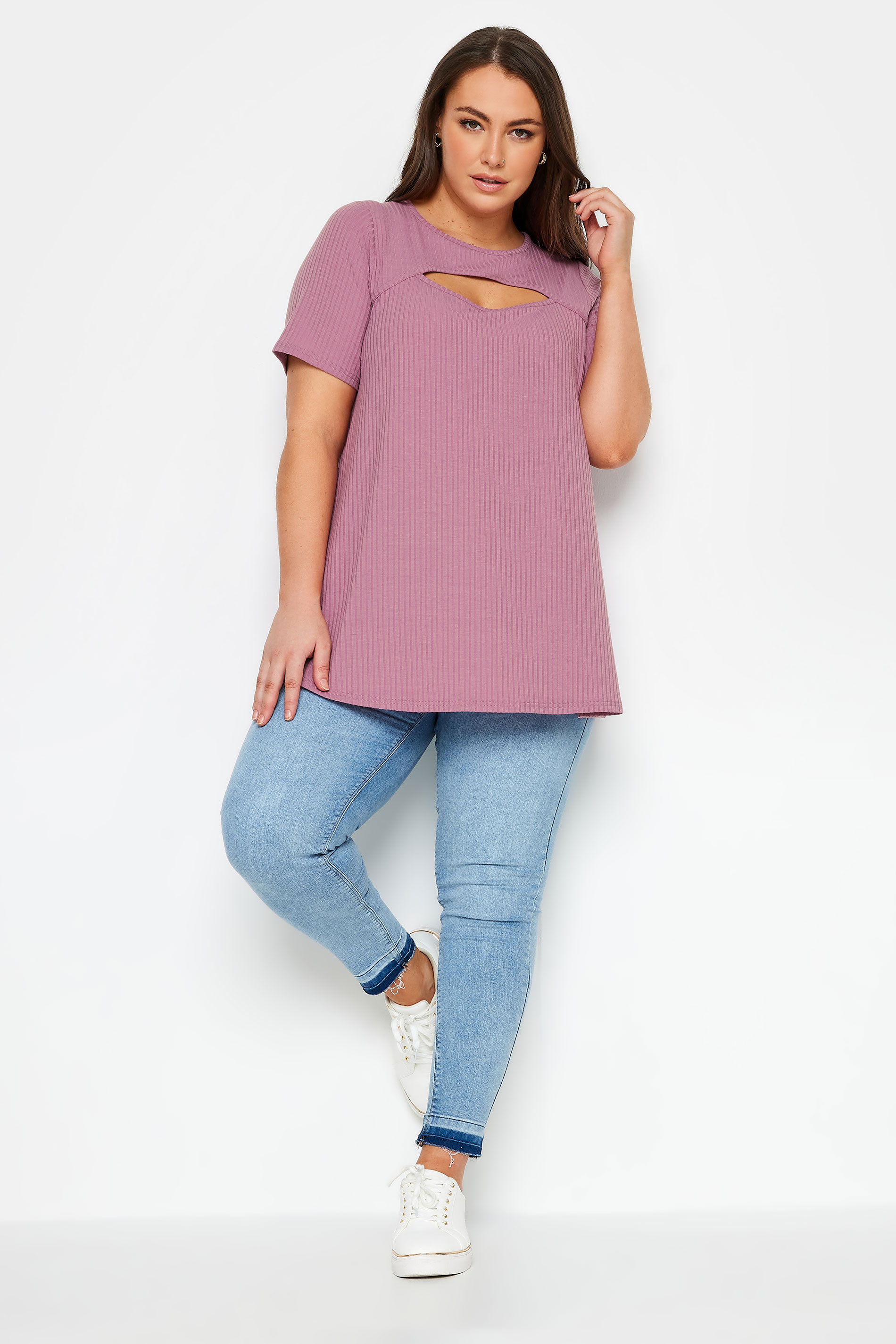 YOURS Plus Size Pink Ribbed Cut Out T-Shirt | Yours Clothing 2