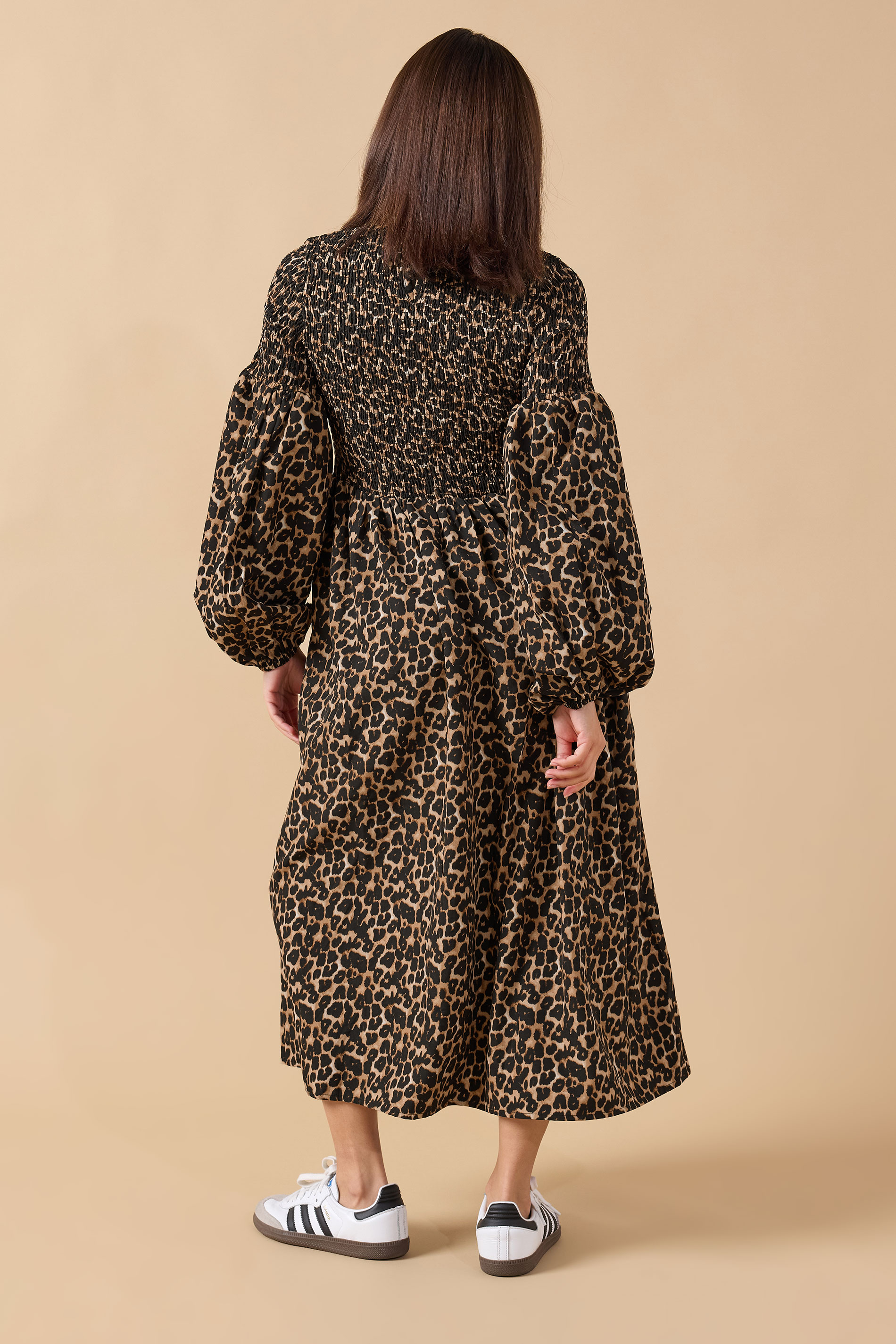 PixieGirl Petite Women's Brown Animal Shirred Puff Sleeve Maxi Dress | PixieGirl 2