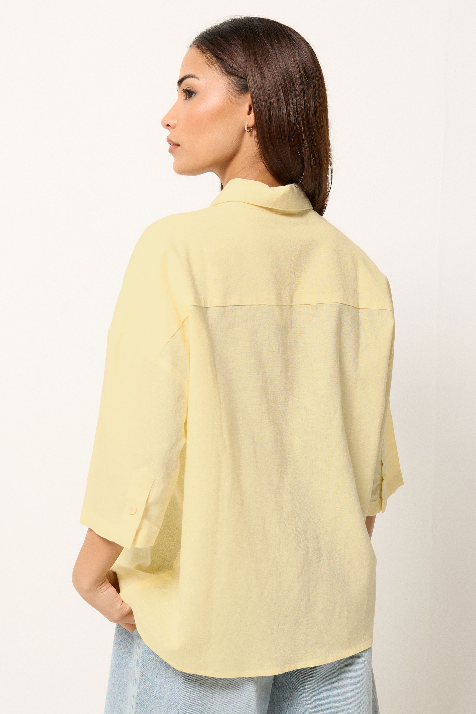 PixieGirl Petite Women's Yellow Short Sleeve Linen Shirt | PixieGirl 2