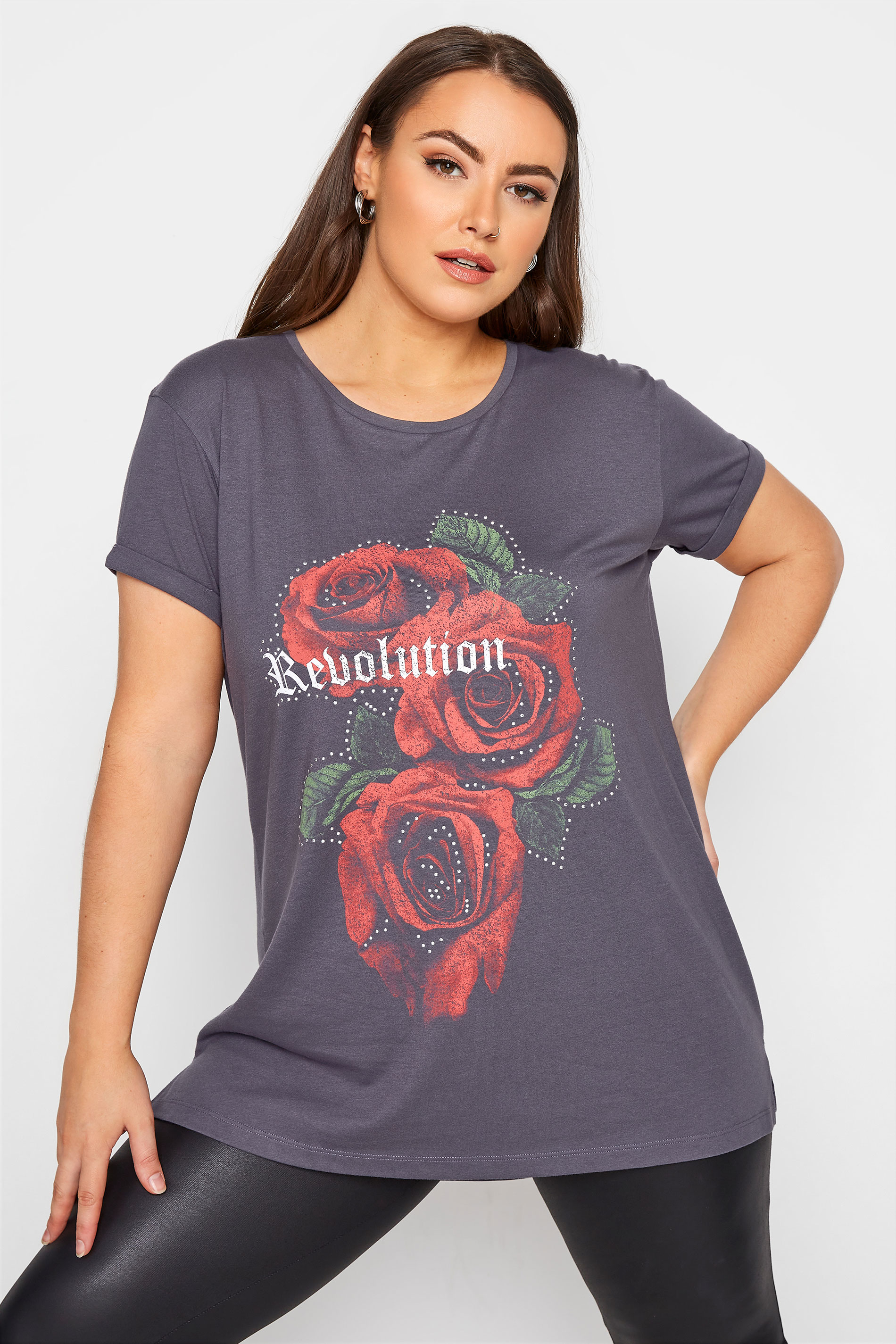 Curve Grey Rose Print 'Revolution' T-Shirt 1