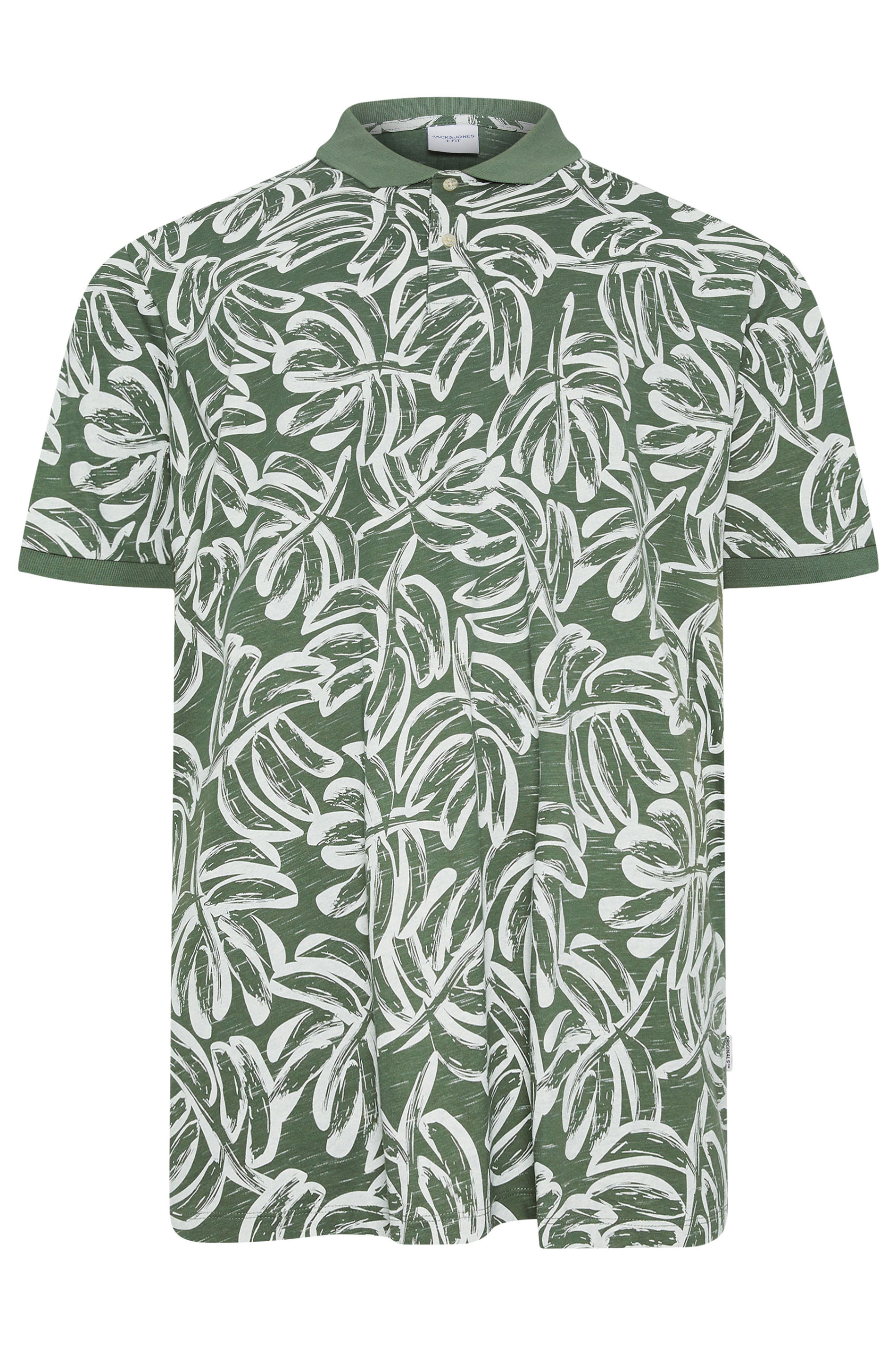 JACK & JONES Big & Tall Green Tropical Print Short Sleeve Polo T-Shirt | BadRhino 2