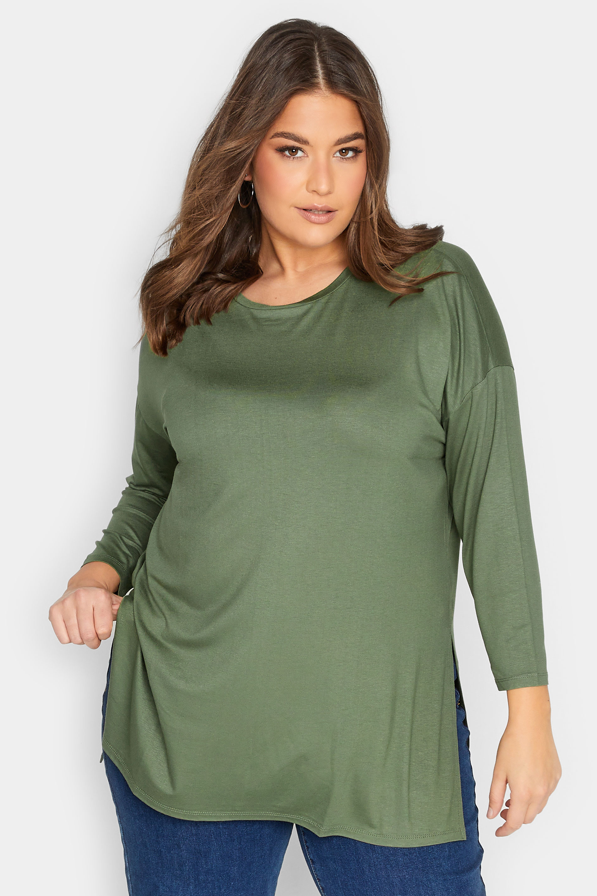 YOURS Plus Size Khaki Green Side Split Oversized T-Shirt | Yours Clothing  1