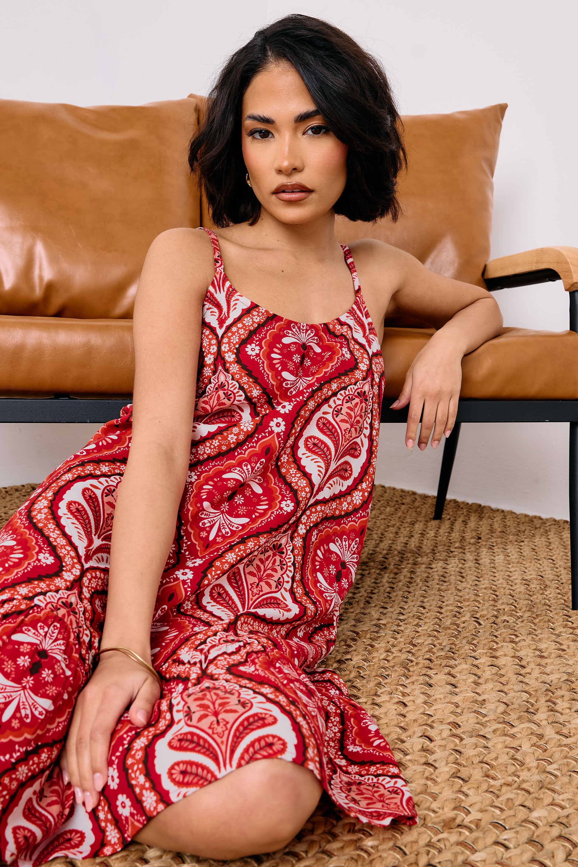 PixieGirl Petite Women's Red Paisley Print Slip Midi Dress | PixieGirl 2