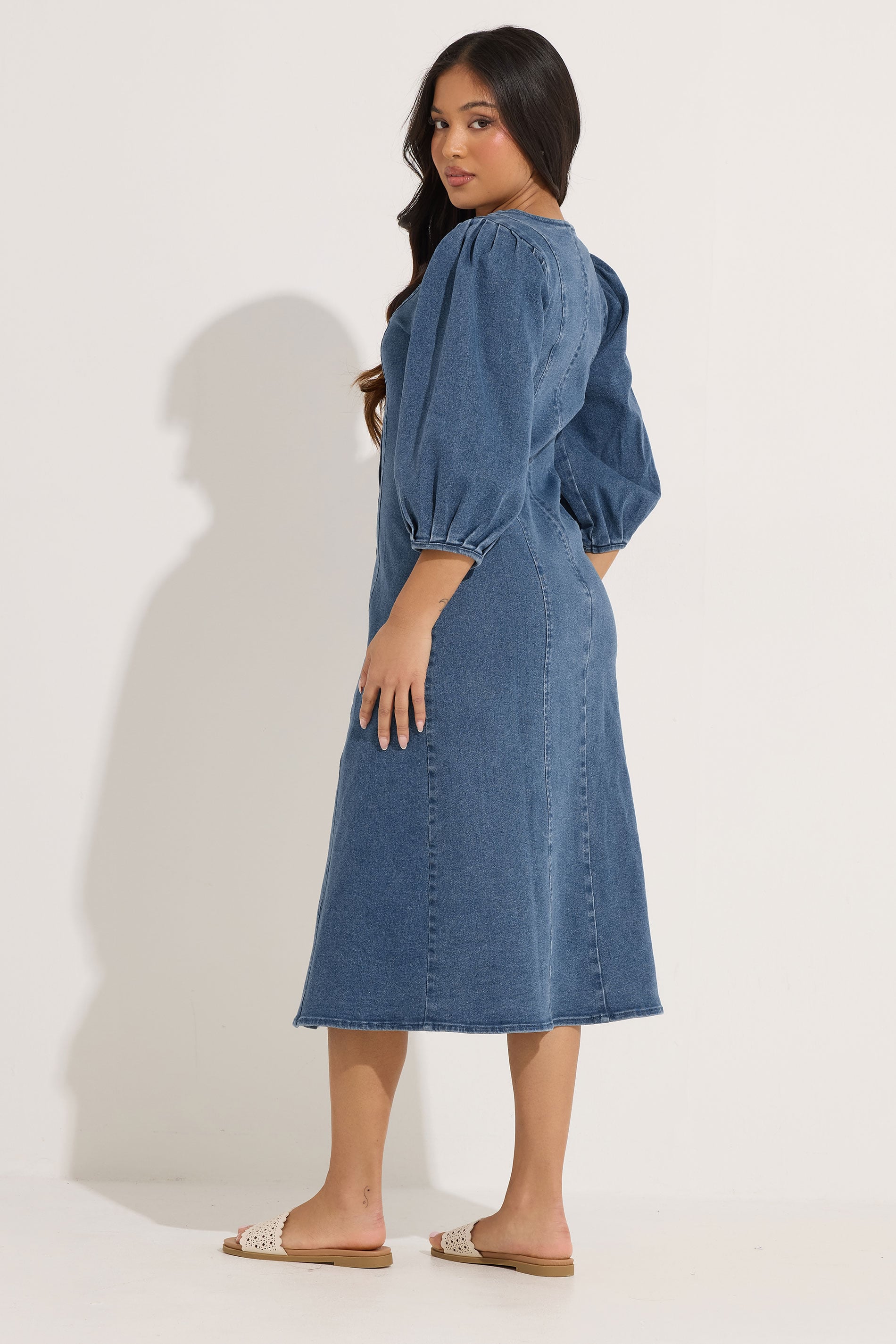 PixieGirl Petite Women's Mid Blue Puff Sleeve Cotton Midi Dress | PixieGirl 4