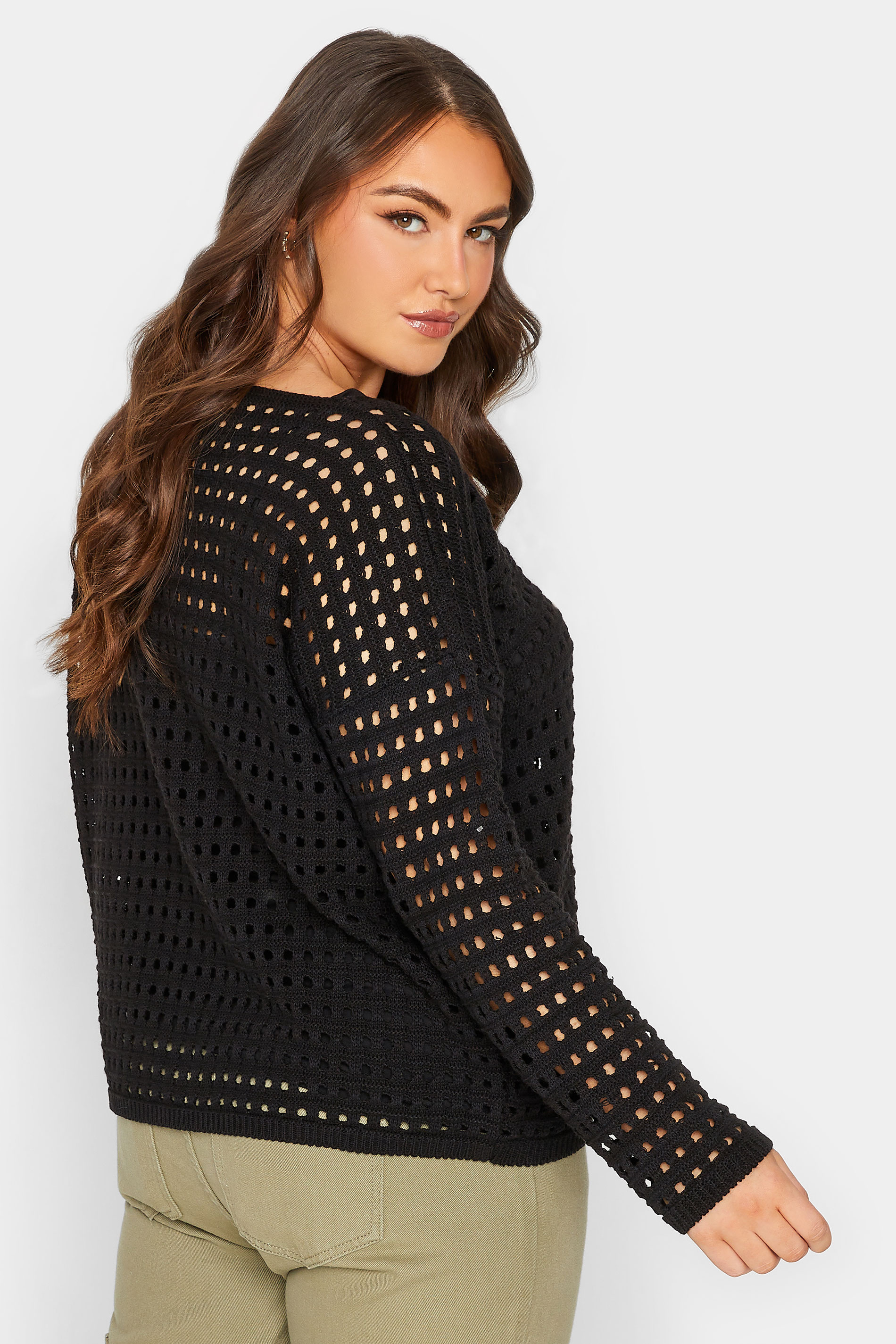 YOURS Plus Size Curve Black Long Sleeve Crochet Jumper | Yours Clothing  3