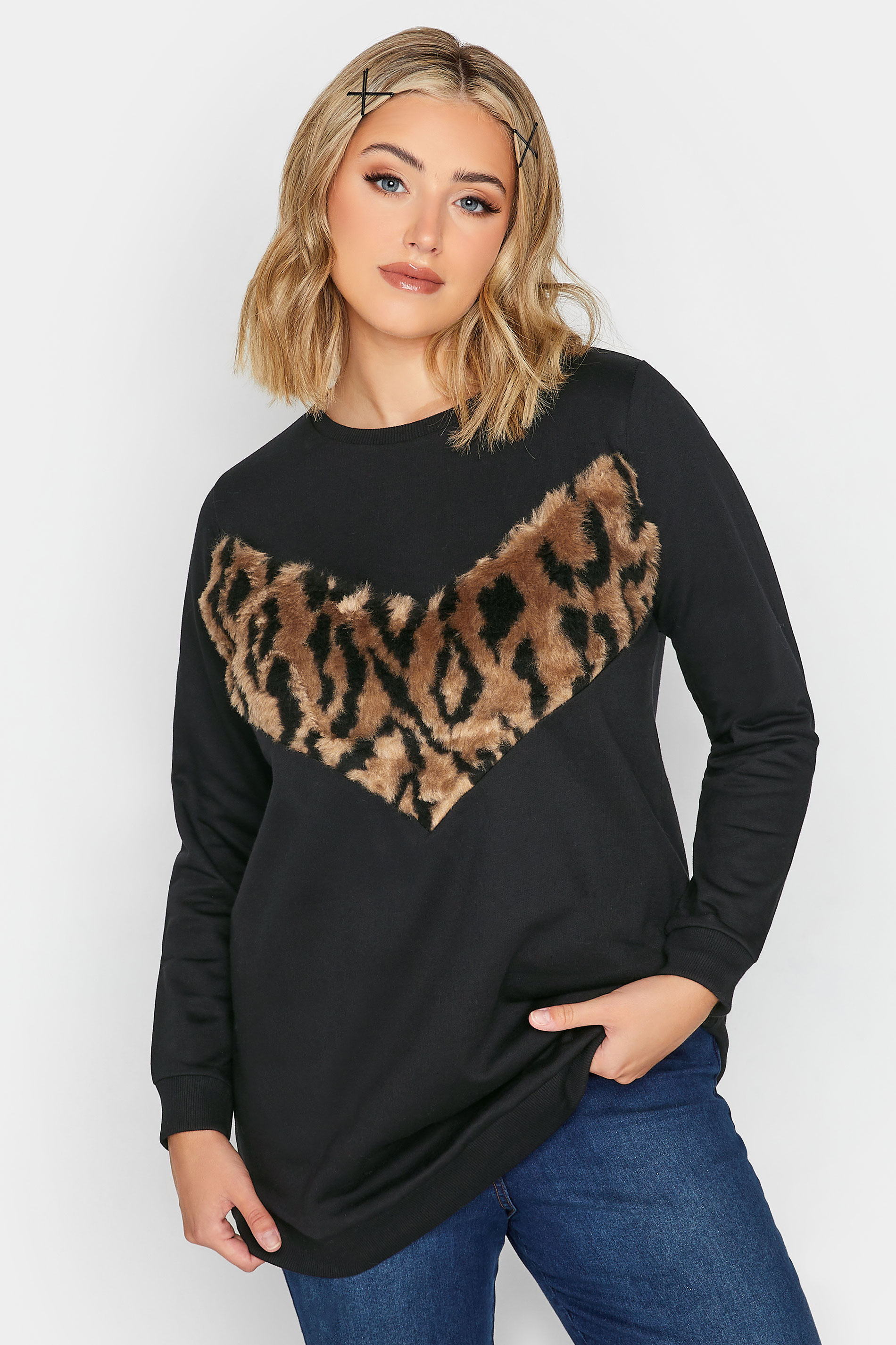 Plus Size Black Leopard Print Faux Fur Panel Sweatshirt | Yours Clothing  1