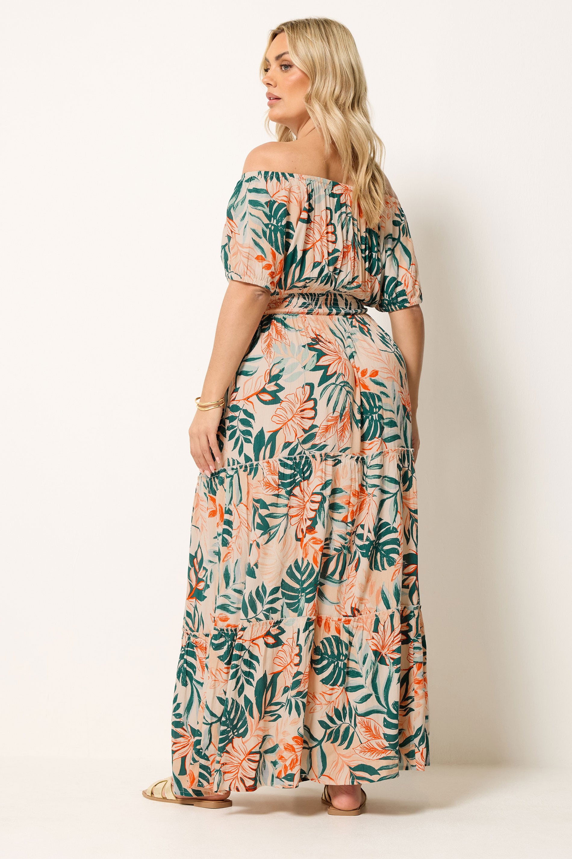 YOURS Plus Size Cream Leaf Tie Neck Bardot Maxi Dress | Yours Clothing 4