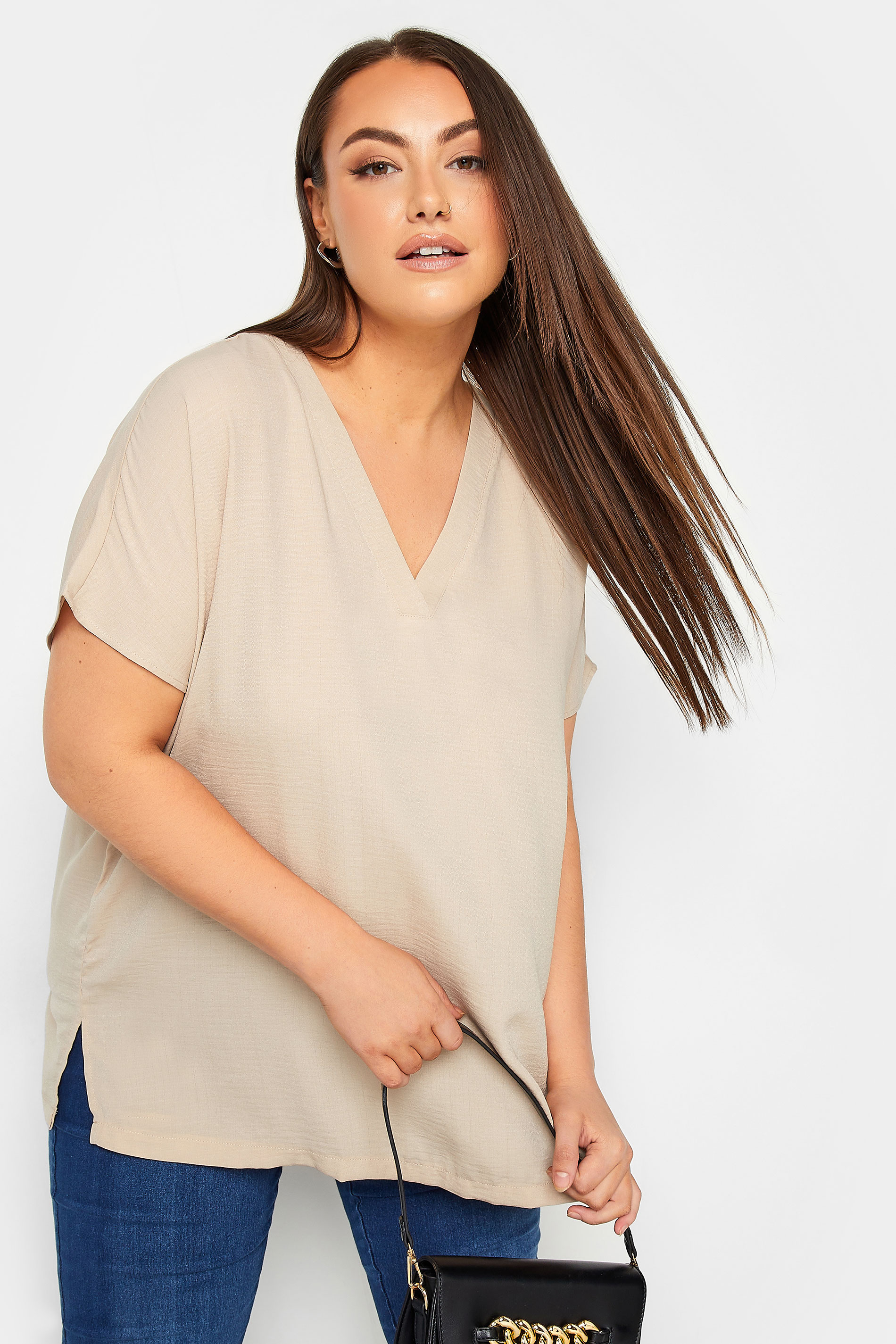 Yours Curve Plus Size Beige Brown V-Neck Shirt | Yours Clothing  1