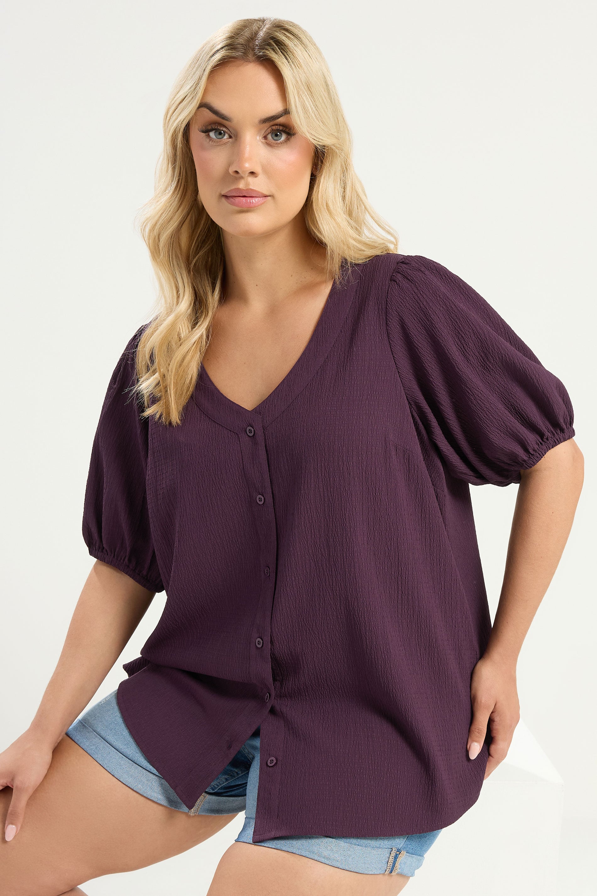 YOURS Plus Size Purple Button Textured Blouse | Yours Clothing 3