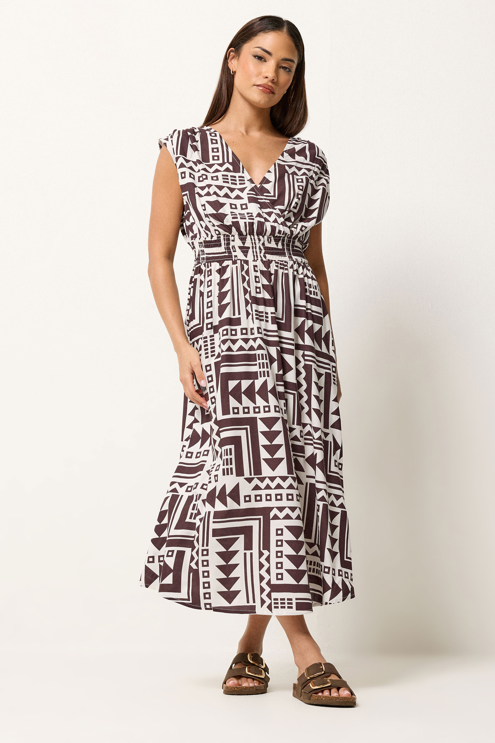 PixieGirl Petite Women's Chocolate Brown Abstract Midi Dress | PixieGirl 1