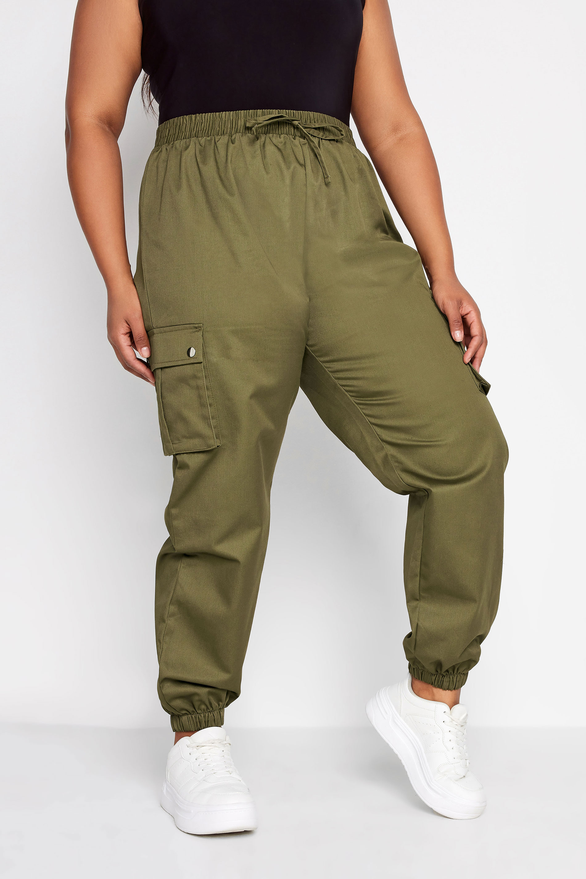 YOURS Curve Khaki Green Cuffed Cargo Trousers | Yours Clothing 2