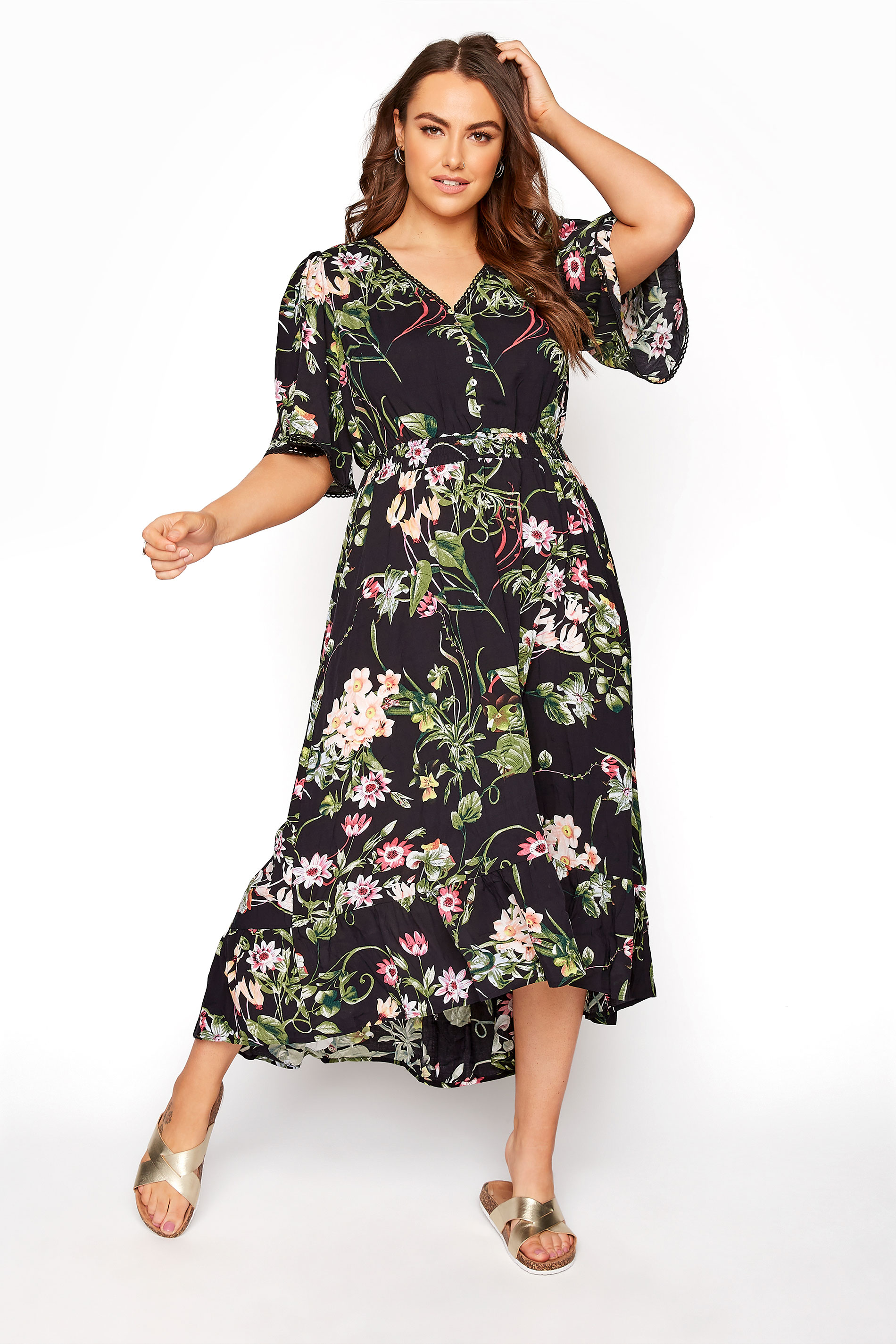 Black Floral Midi Dress Yours Clothing