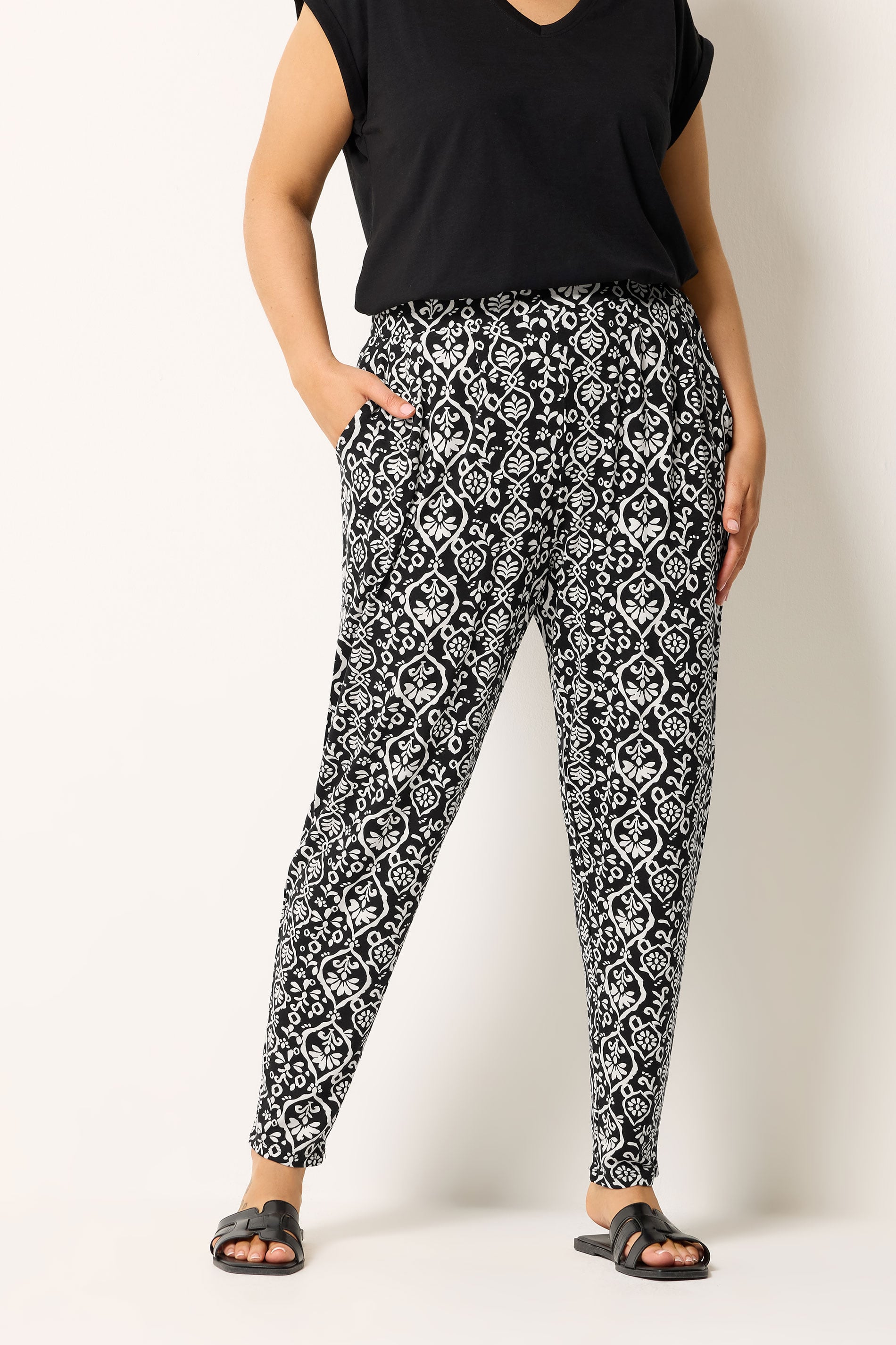 YOURS Plus Size Black Ikat Print Harem Trousers | Yours Clothing 3