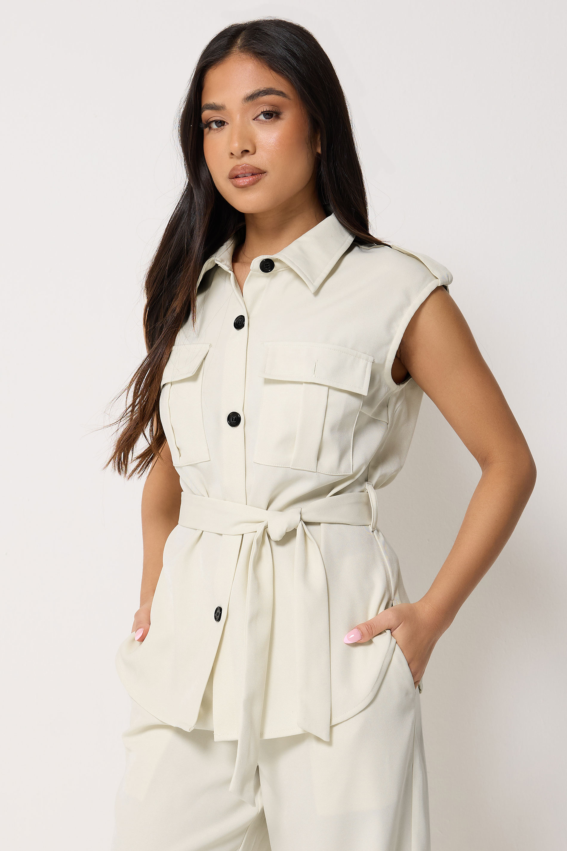 PixieGirl Petite Women's Set Ivory White Belted Utility Shirt & Wide Leg Trousers | PixieGirl 5
