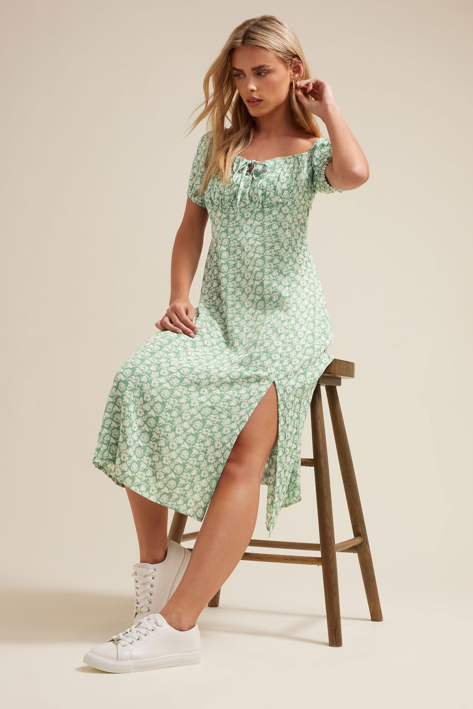 PixieGirl Petite Women's Mint Green Floral Tie Front Midi Dress | PixieGirl 2