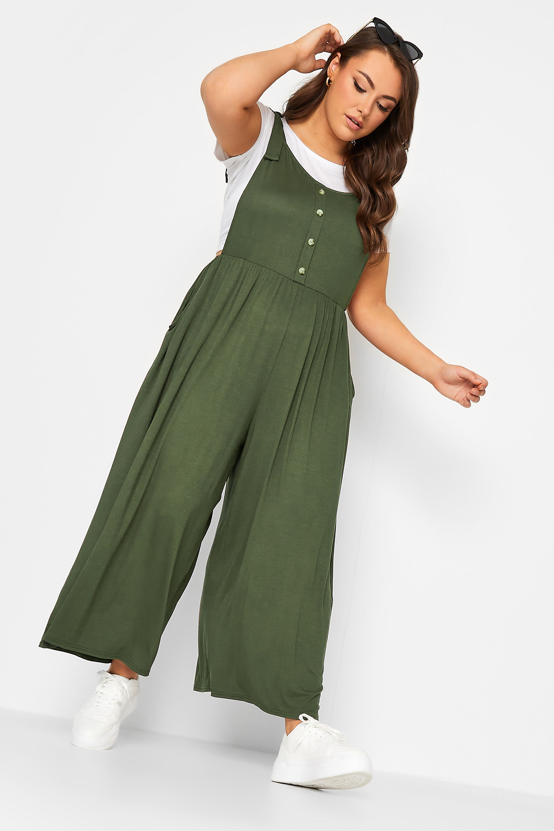 LIMITED COLLECTION Plus Size Khaki Green Culotte Dungarees | Yours Clothing 1