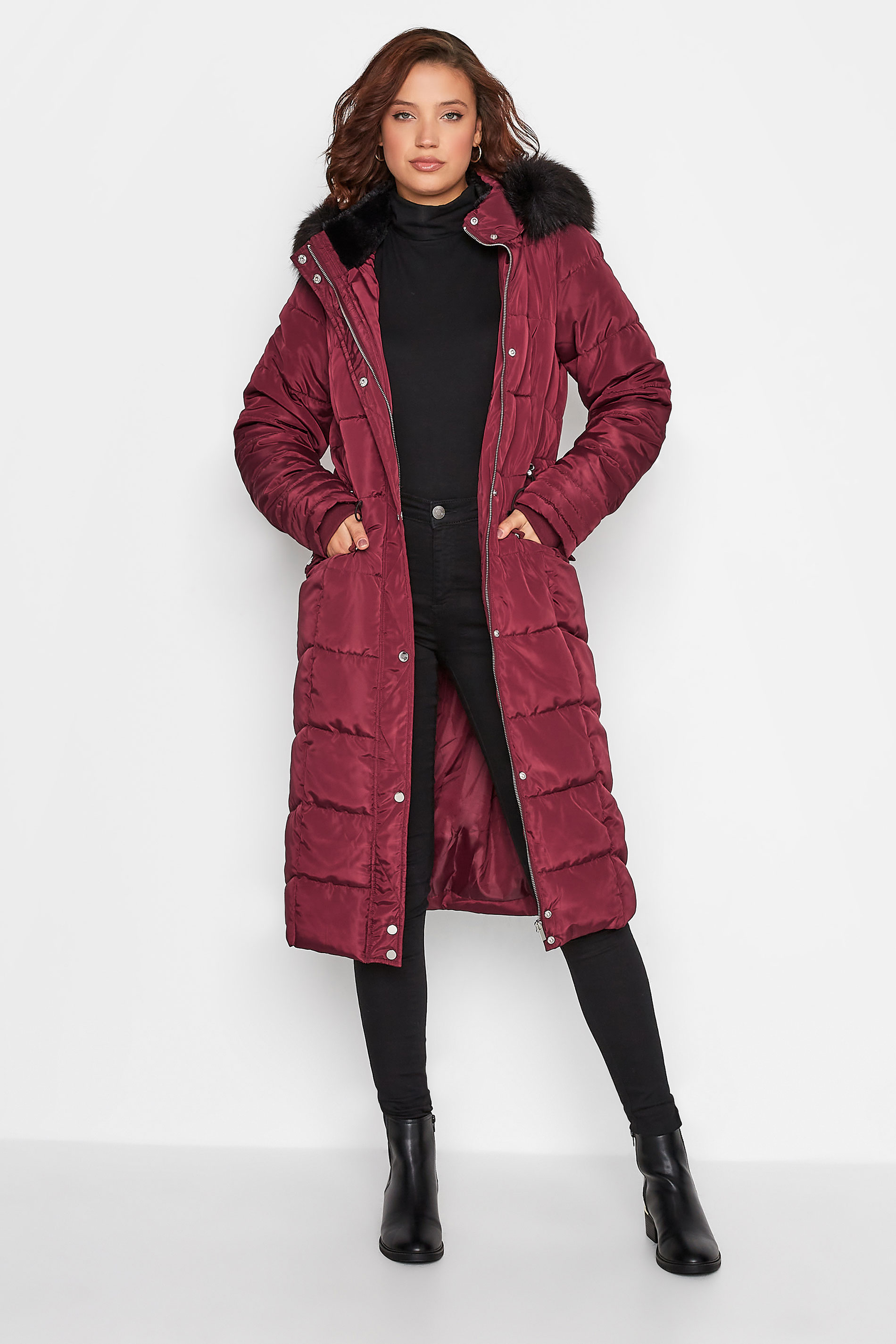 LTS Tall Women's Burgundy Red Longline Puffer Coat | Long Tall Sally 1
