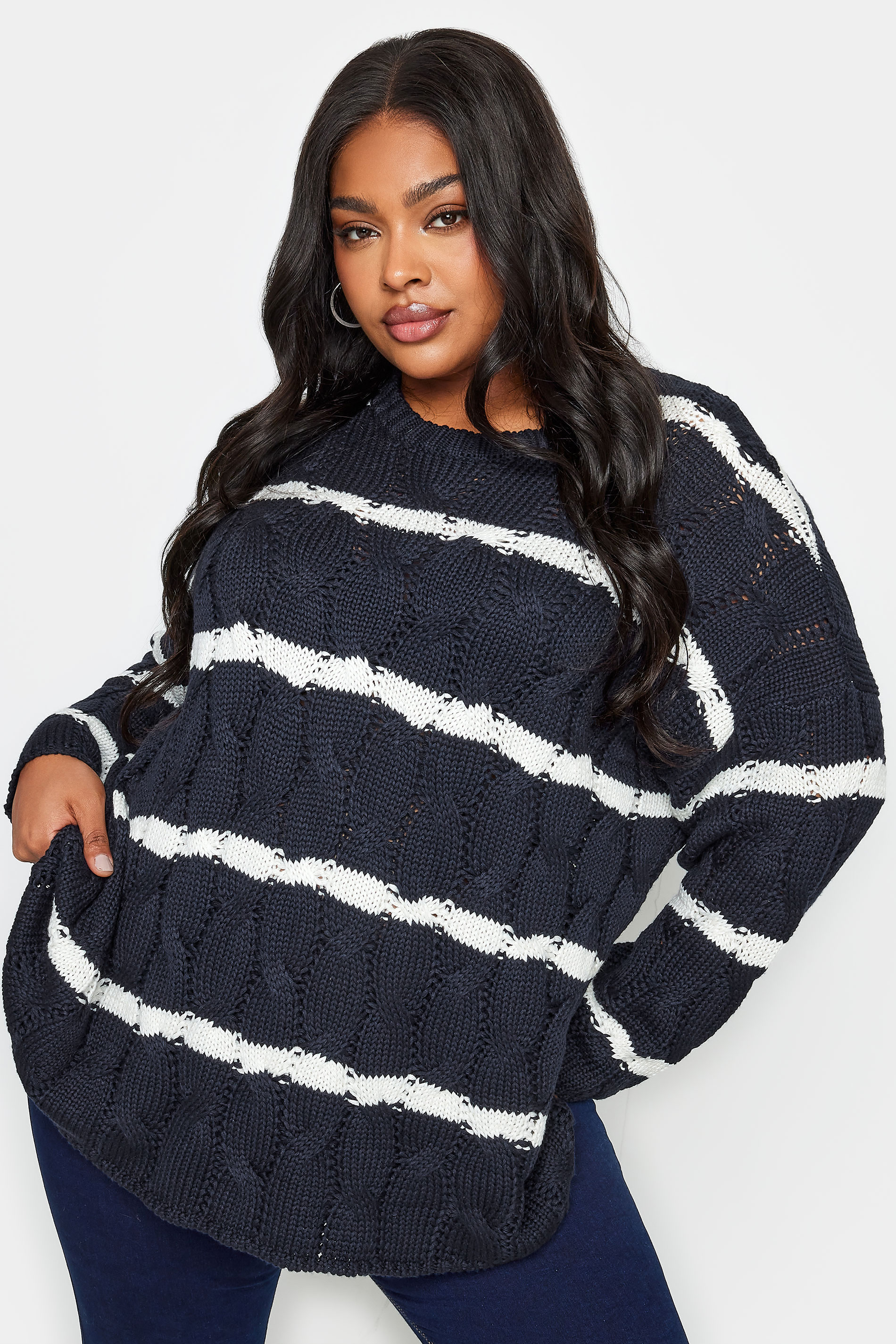 YOURS Plus Size Navy Blue Stripe Cable Knit Jumper | Yours Clothing 1