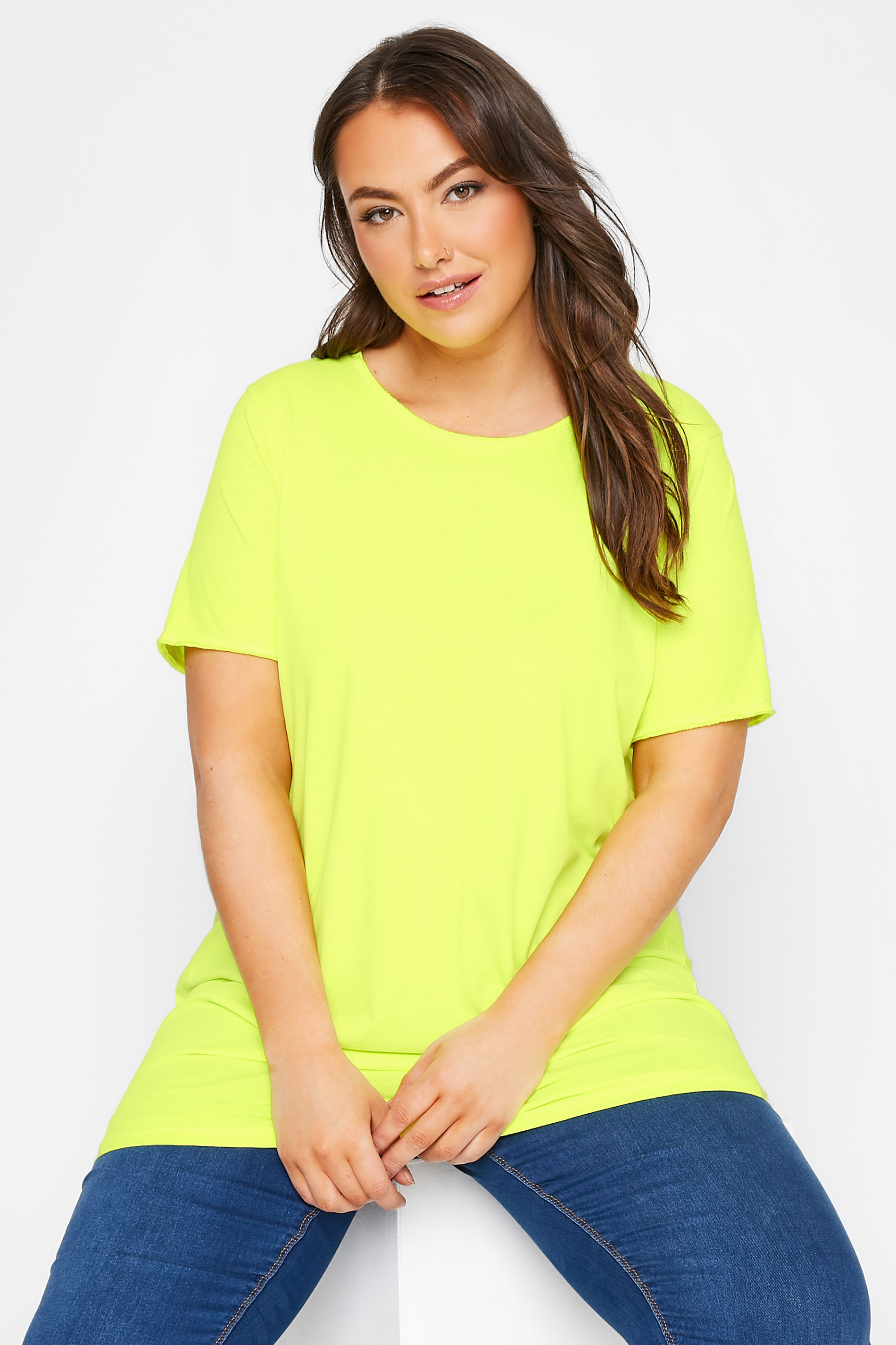 Plus Size Bright Yellow Raw Edge Basic T-Shirt | Yours Clothing  1
