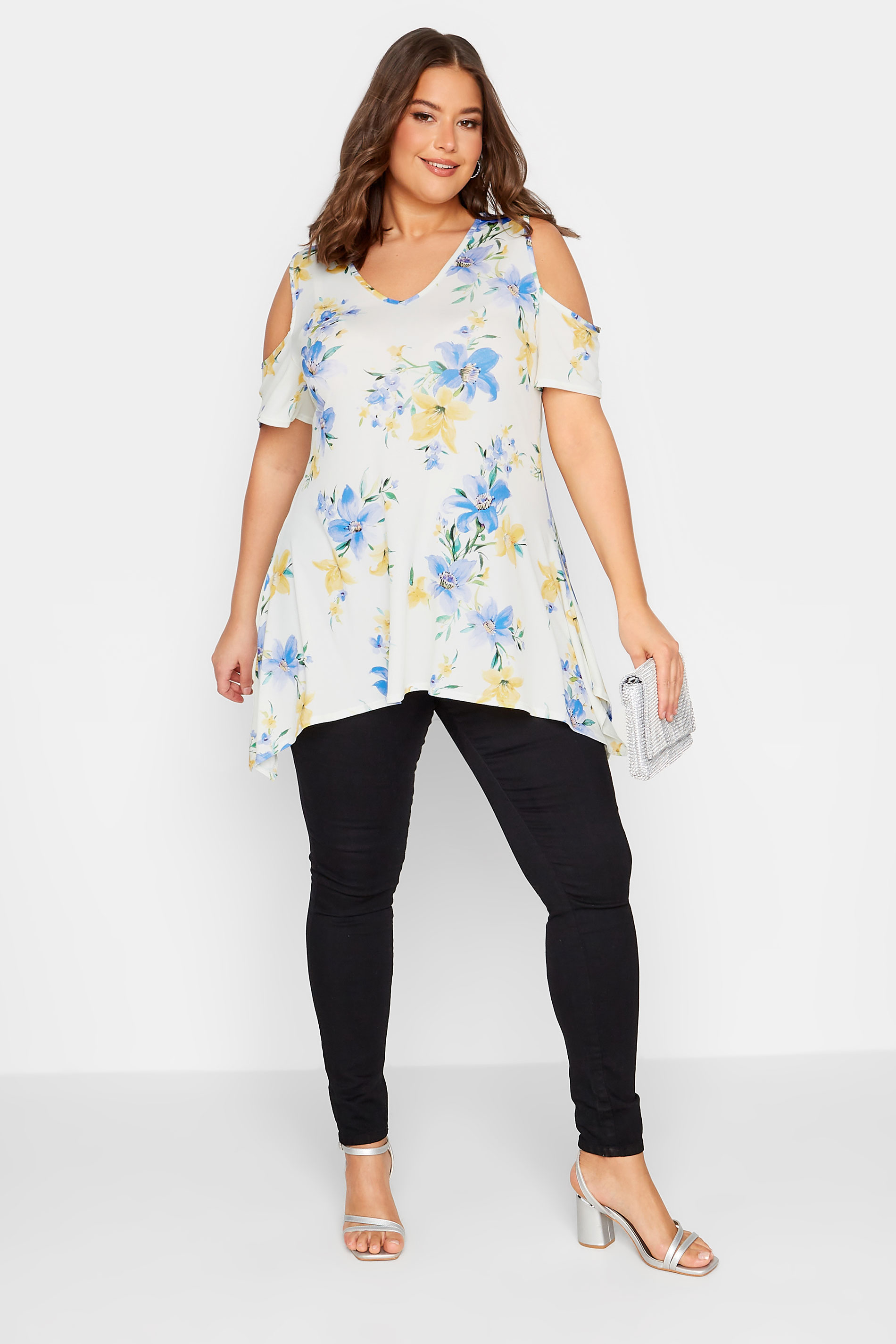 YOURS LONDON Plus Size White Floral Print Cold Shoulder Top | Yours Clothing 2